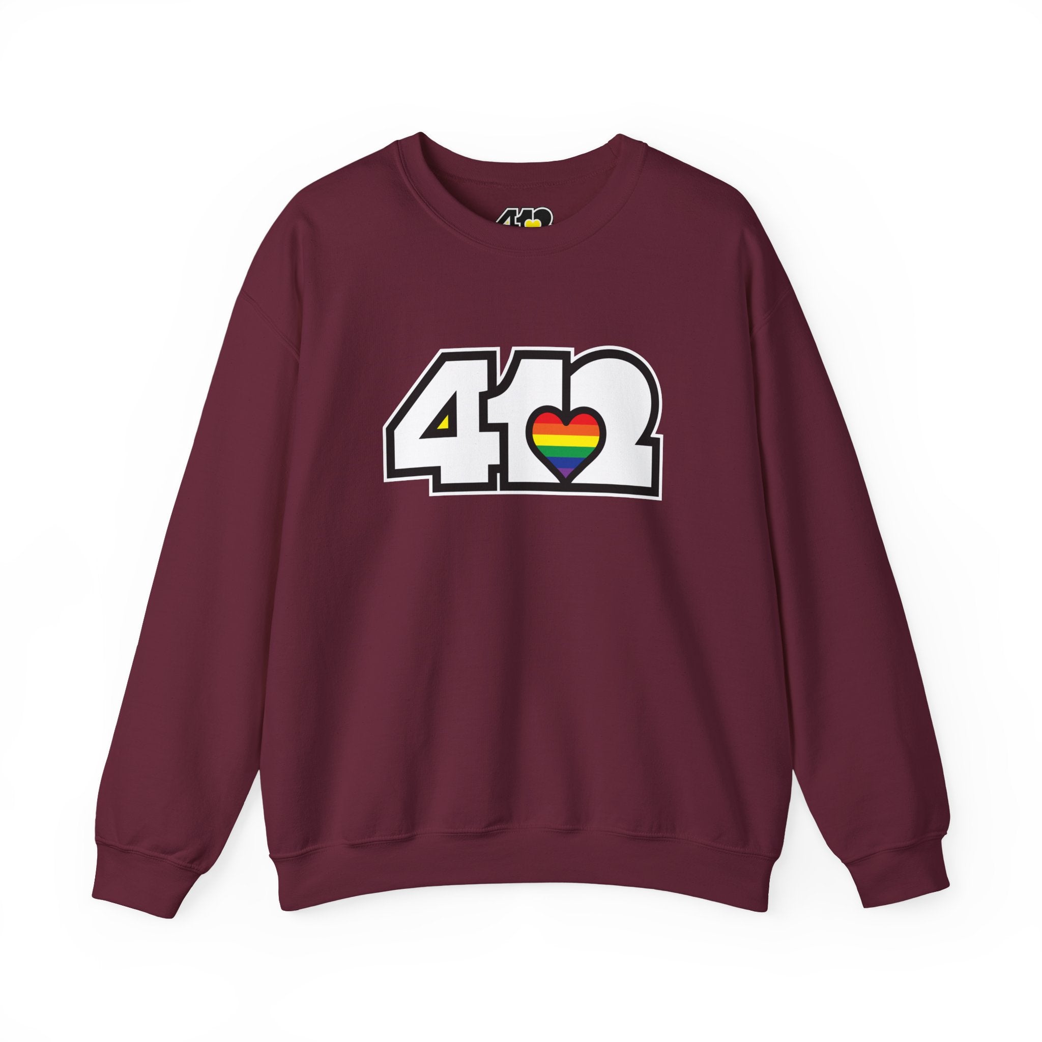 Pittsburgh Crewneck Sweatshirt | White Rainbow 412 Logo. Apparel Color: Maroon. A blend of 50% cotton and 50% polyester for cozy durability. With an Elastic ribbed collar, and Double-needle stitching.