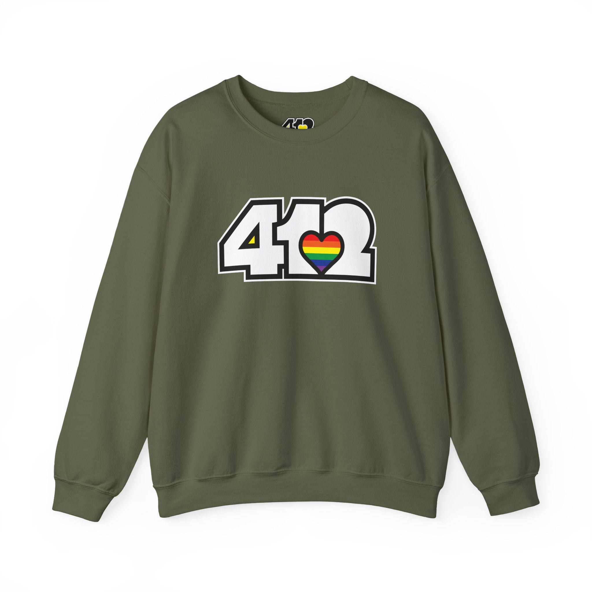 Pittsburgh Crewneck Sweatshirt | White Rainbow 412 Logo. Apparel Color: Military Green. A blend of 50% cotton and 50% polyester for cozy durability. With an Elastic ribbed collar, and Double-needle stitching.