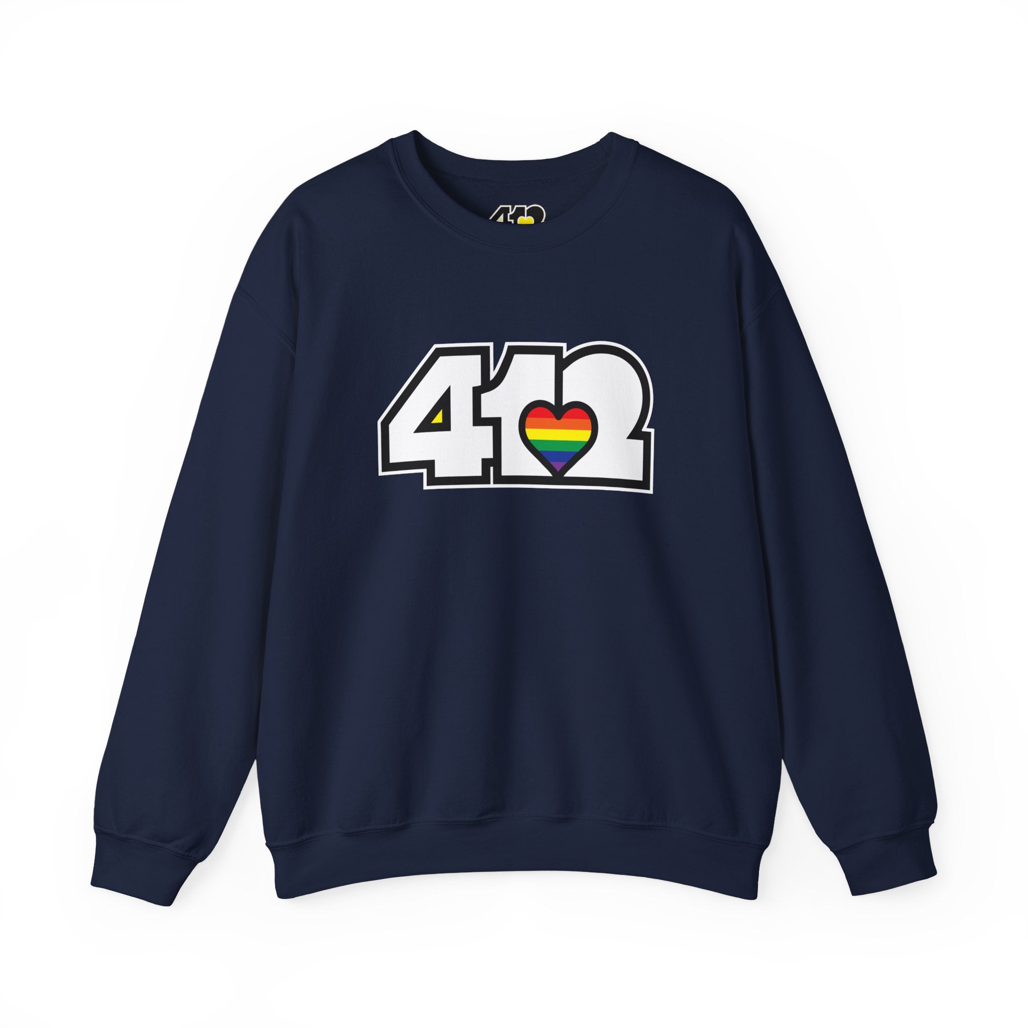 Pittsburgh Crewneck Sweatshirt | White Rainbow 412 Logo. Apparel Color: Navy. A blend of 50% cotton and 50% polyester for cozy durability. With an Elastic ribbed collar, and Double-needle stitching.