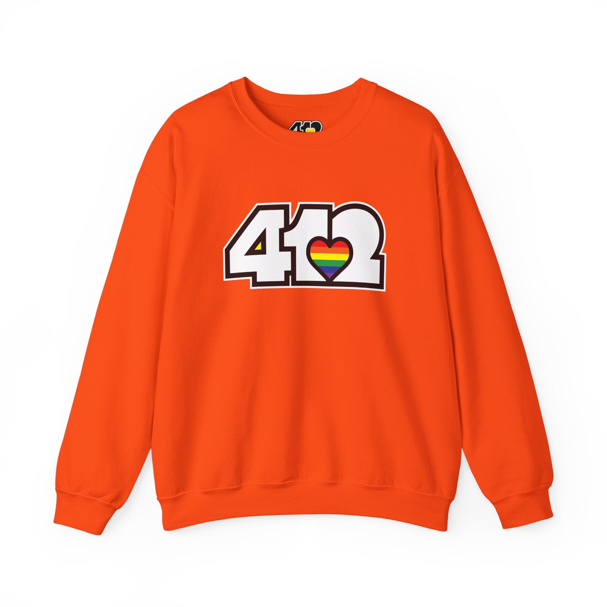 Pittsburgh Crewneck Sweatshirt | White Rainbow 412 Logo. Apparel Color: Orange. A blend of 50% cotton and 50% polyester for cozy durability. With an Elastic ribbed collar, and Double-needle stitching.
