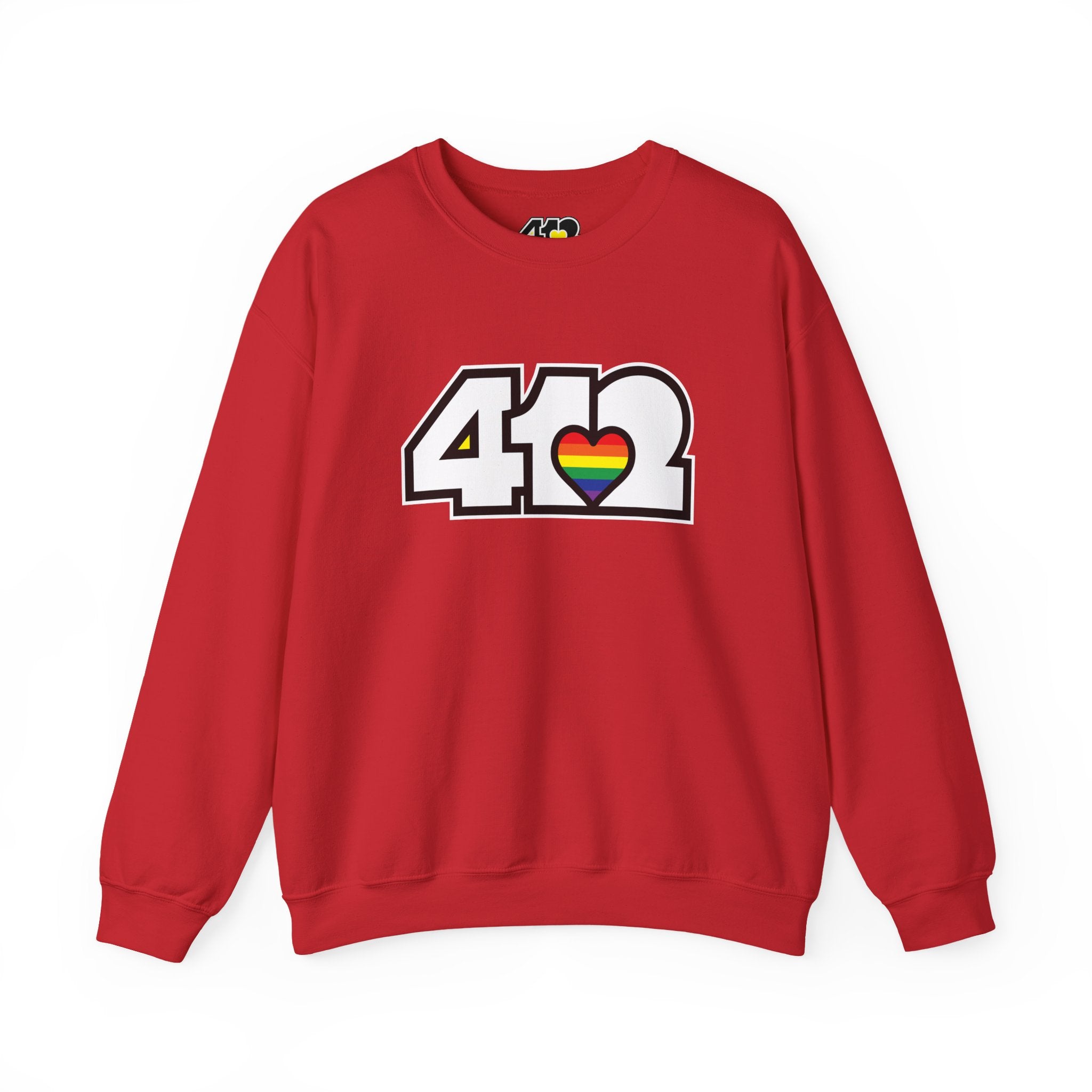 Pittsburgh Crewneck Sweatshirt | White Rainbow 412 Logo. Apparel Color: Red. A blend of 50% cotton and 50% polyester for cozy durability. With an Elastic ribbed collar, and Double-needle stitching.