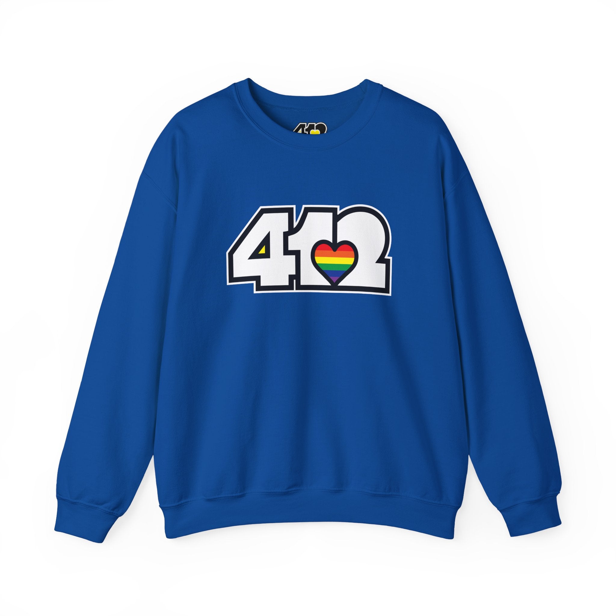 Pittsburgh Crewneck Sweatshirt | White Rainbow 412 Logo. Apparel Color: Royal. A blend of 50% cotton and 50% polyester for cozy durability. With an Elastic ribbed collar, and Double-needle stitching.