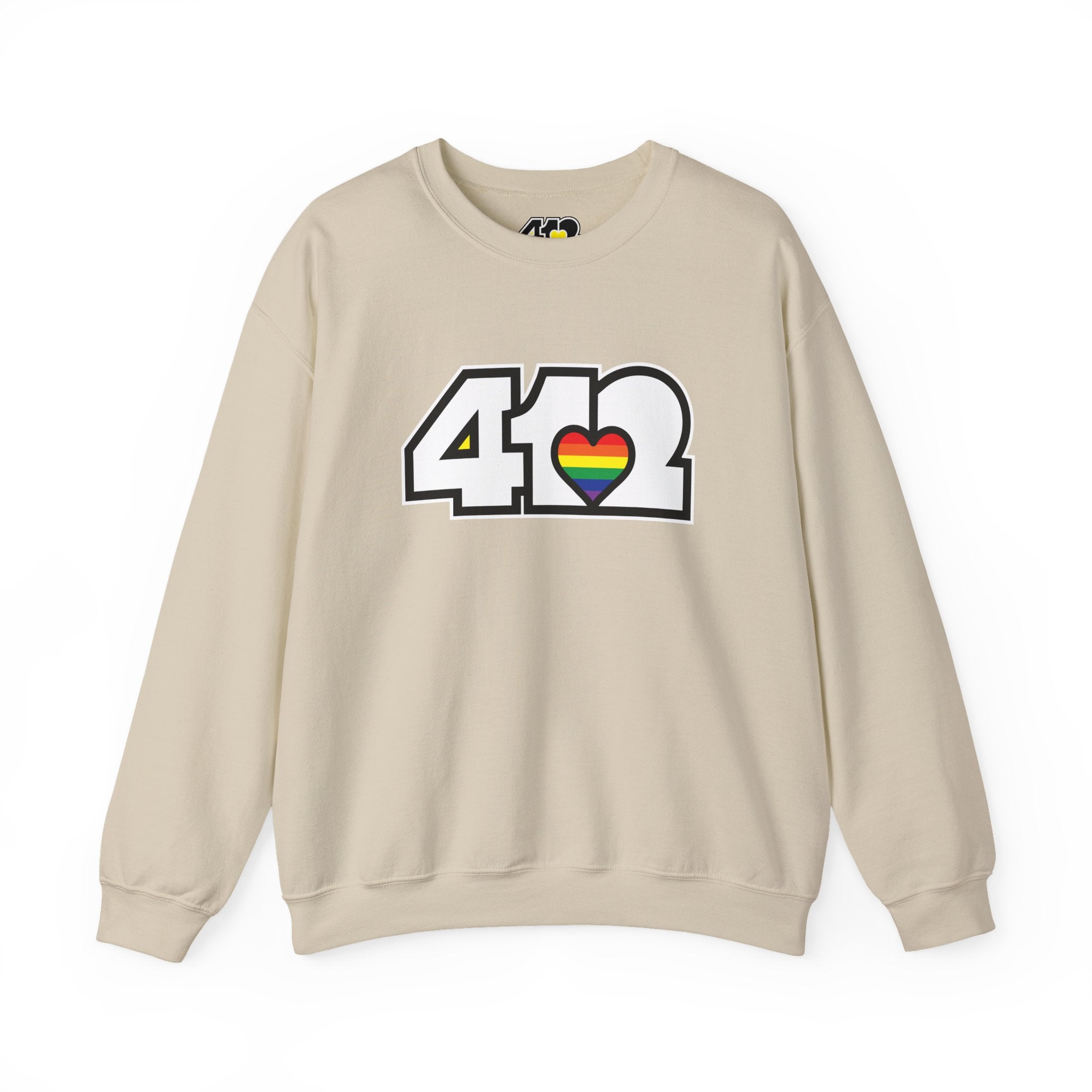 Pittsburgh Crewneck Sweatshirt | White Rainbow 412 Logo. Apparel Color: Sand. A blend of 50% cotton and 50% polyester for cozy durability. With an Elastic ribbed collar, and Double-needle stitching.