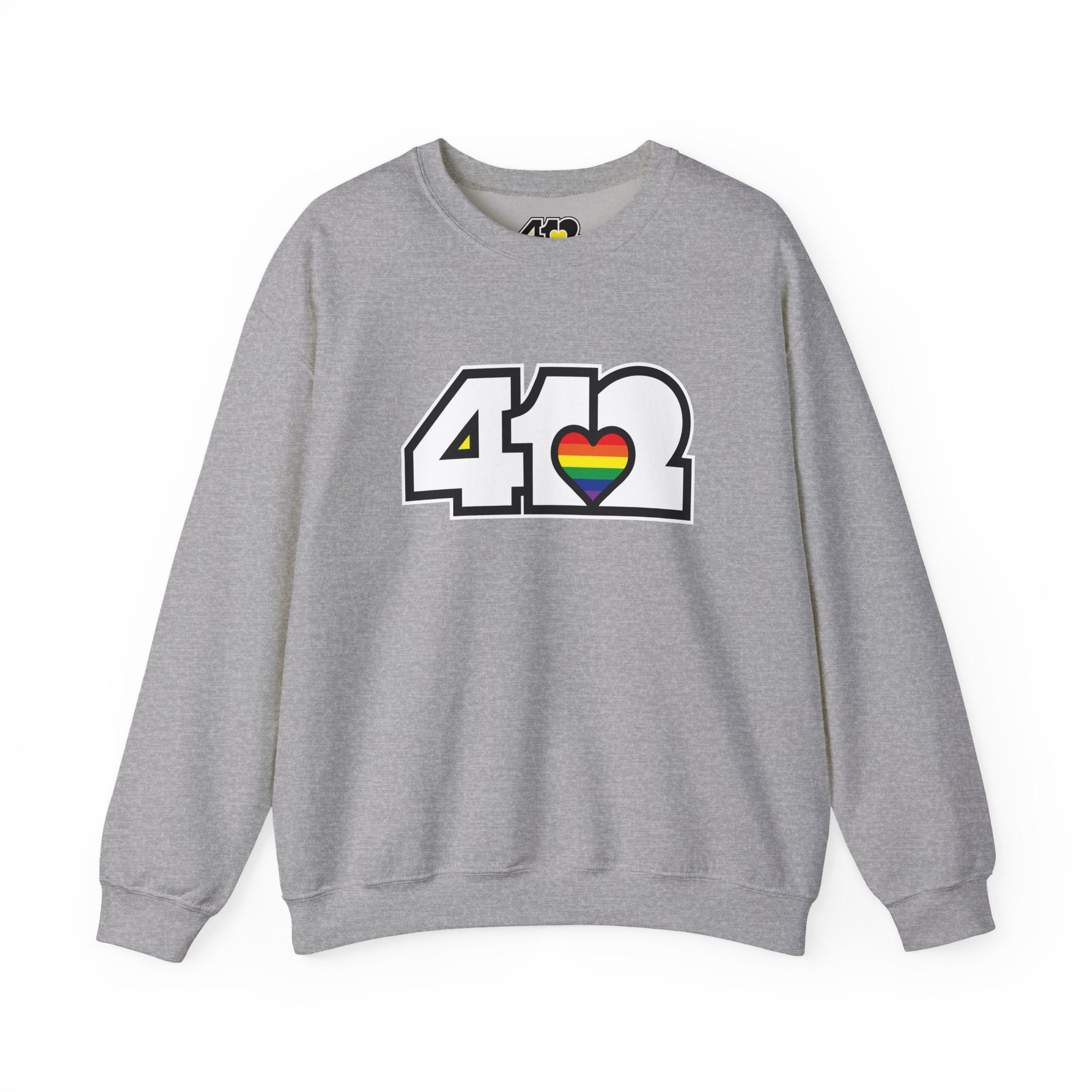 Pittsburgh Crewneck Sweatshirt | White Rainbow 412 Logo. Apparel Color: Sport Grey. A blend of 50% cotton and 50% polyester for cozy durability. With an Elastic ribbed collar, and Double-needle stitching.