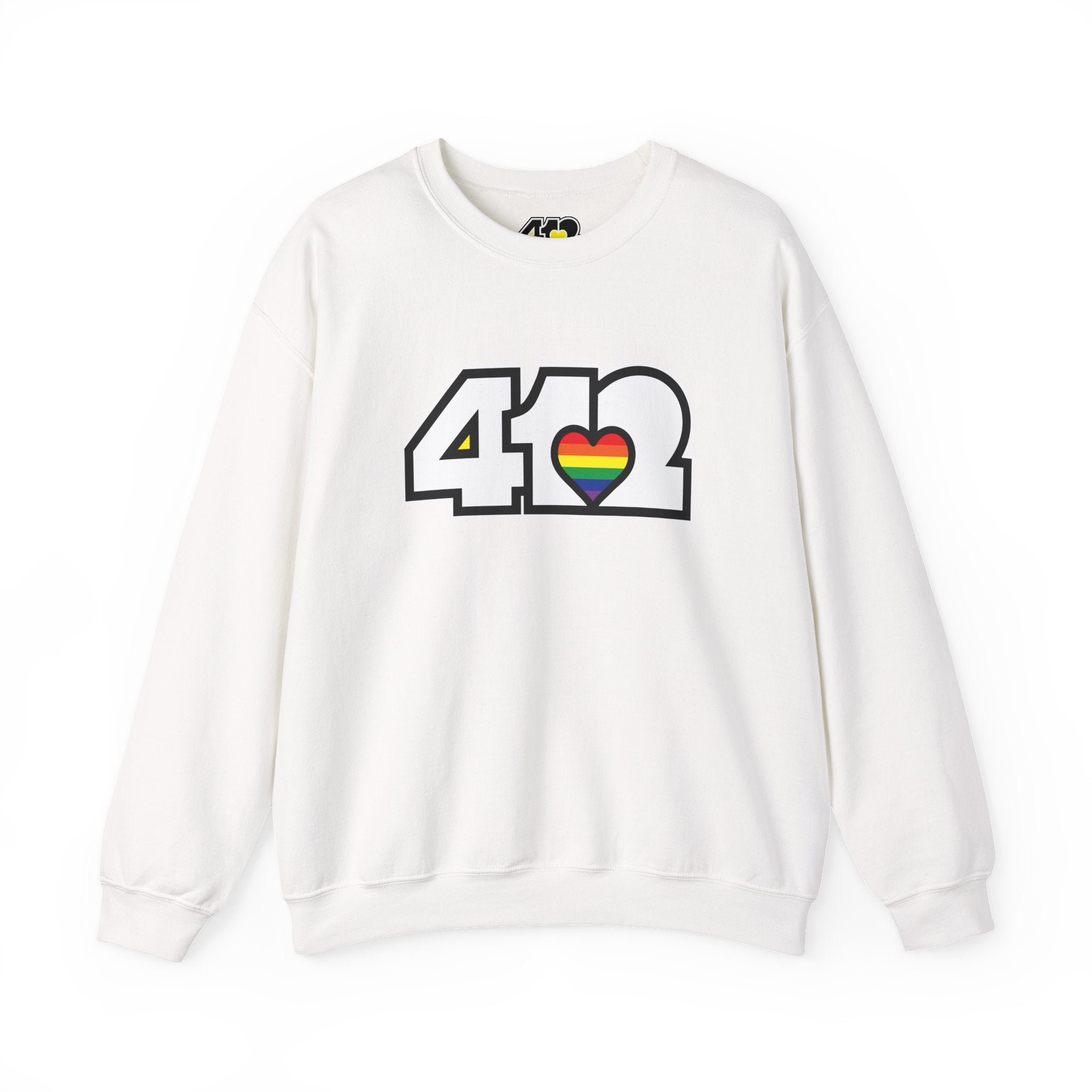 Pittsburgh Crewneck Sweatshirt | White Rainbow 412 Logo. Apparel Color: White. A blend of 50% cotton and 50% polyester for cozy durability. With an Elastic ribbed collar, and Double-needle stitching.