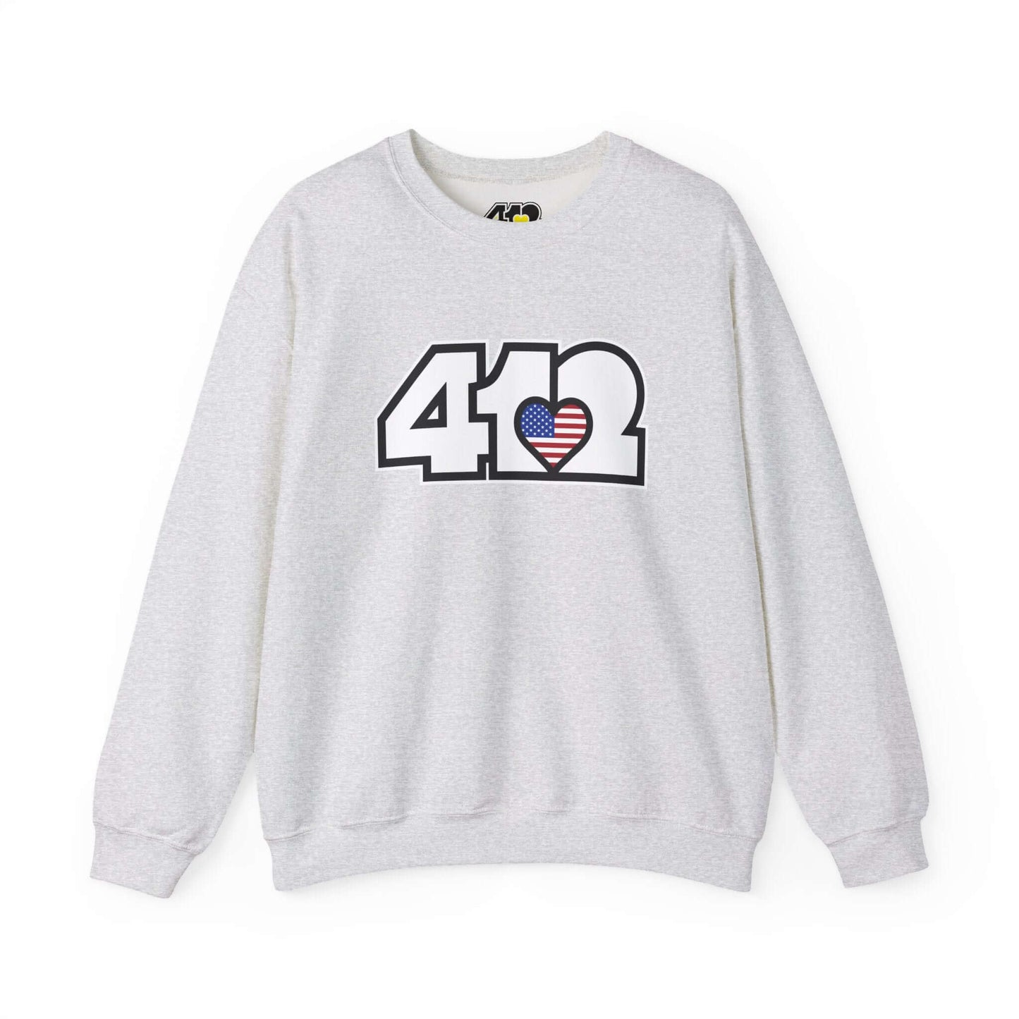 Pittsburgh Crewneck Sweatshirt | White Stars & Stripes 412 Logo. Apparel Color: Ash. A blend of 50% cotton and 50% polyester for cozy durability. With an Elastic ribbed collar, and Double-needle stitching.