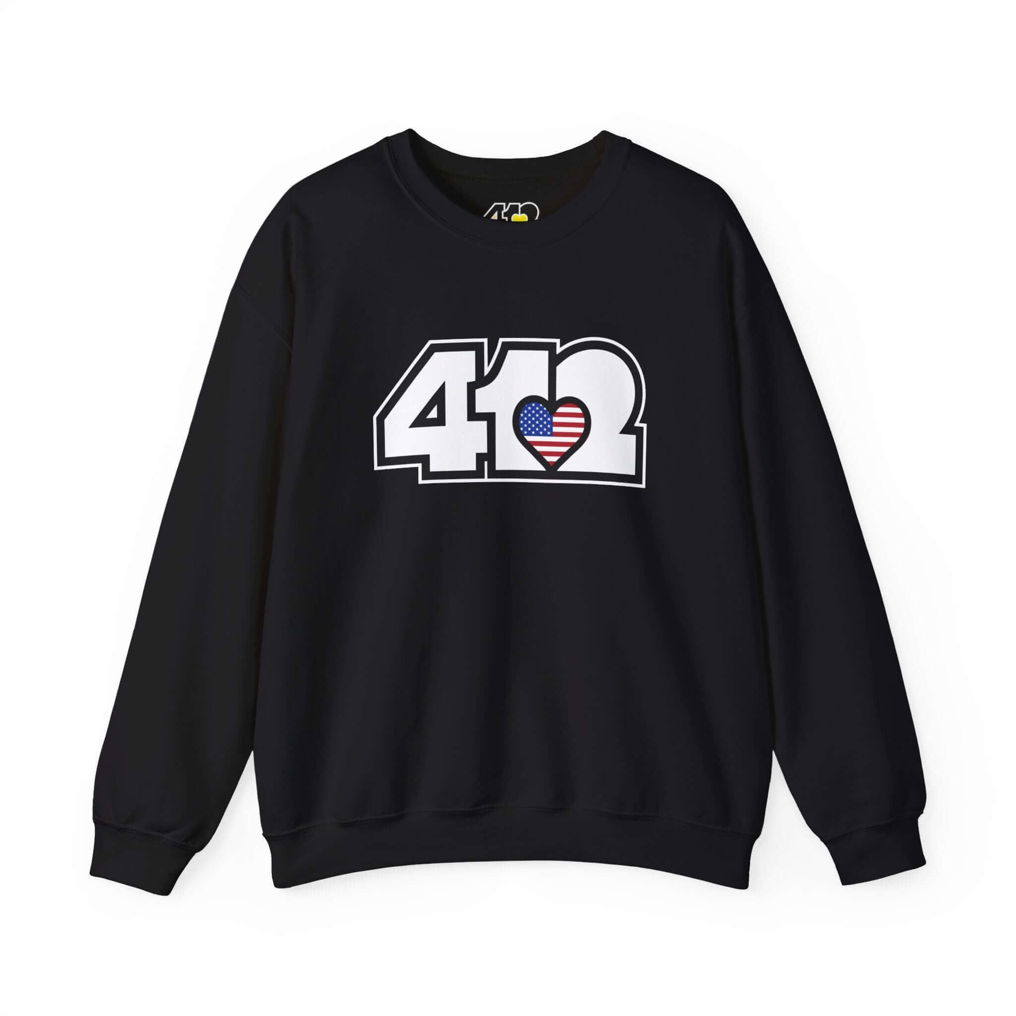Pittsburgh Crewneck Sweatshirt | White Stars & Stripes 412 Logo. Apparel Color: Black. A blend of 50% cotton and 50% polyester for cozy durability. With an Elastic ribbed collar, and Double-needle stitching.