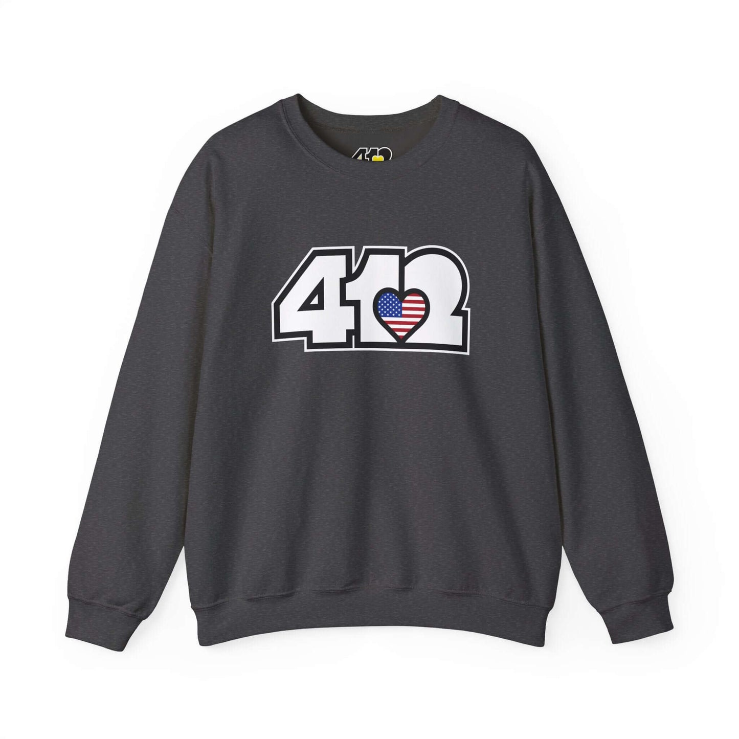 Pittsburgh Crewneck Sweatshirt | White Stars & Stripes 412 Logo. Apparel Color: Dark Heather. A blend of 50% cotton and 50% polyester for cozy durability. With an Elastic ribbed collar, and Double-needle stitching.