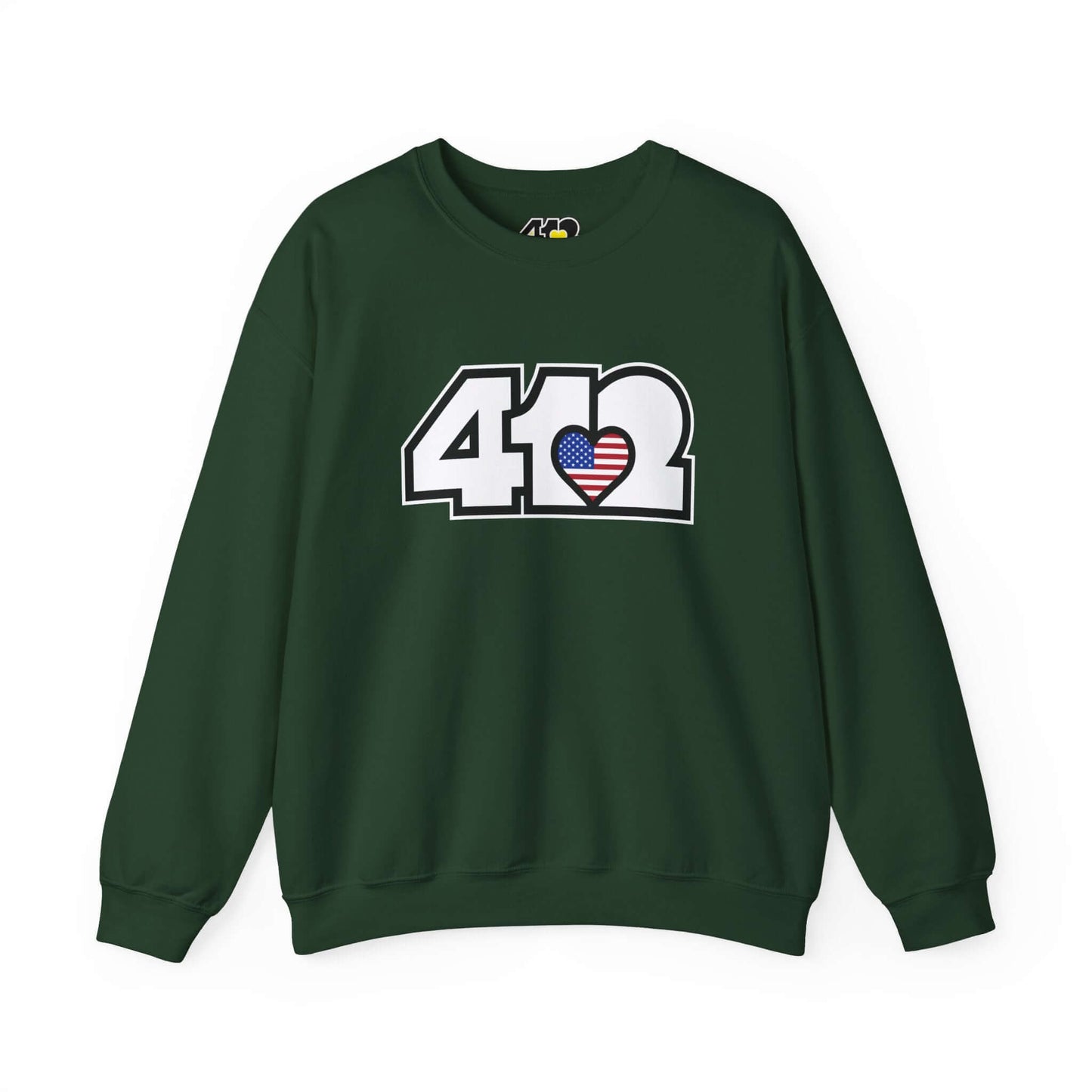 Pittsburgh Crewneck Sweatshirt | White Stars & Stripes 412 Logo. Apparel Color: Forest Green. A blend of 50% cotton and 50% polyester for cozy durability. With an Elastic ribbed collar, and Double-needle stitching.