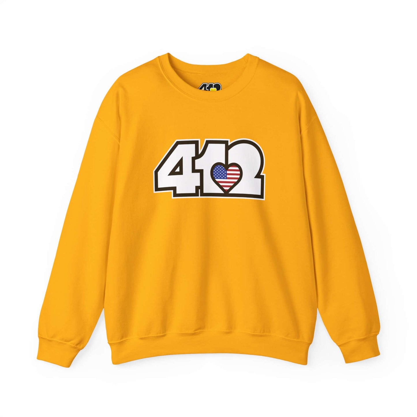 Pittsburgh Crewneck Sweatshirt | White Stars & Stripes 412 Logo. Apparel Color: Gold. A blend of 50% cotton and 50% polyester for cozy durability. With an Elastic ribbed collar, and Double-needle stitching.