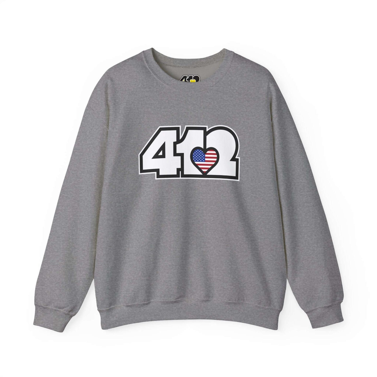 Pittsburgh Crewneck Sweatshirt | White Stars & Stripes 412 Logo. Apparel Color: Graphite Heather. A blend of 50% cotton and 50% polyester for cozy durability. With an Elastic ribbed collar, and Double-needle stitching.