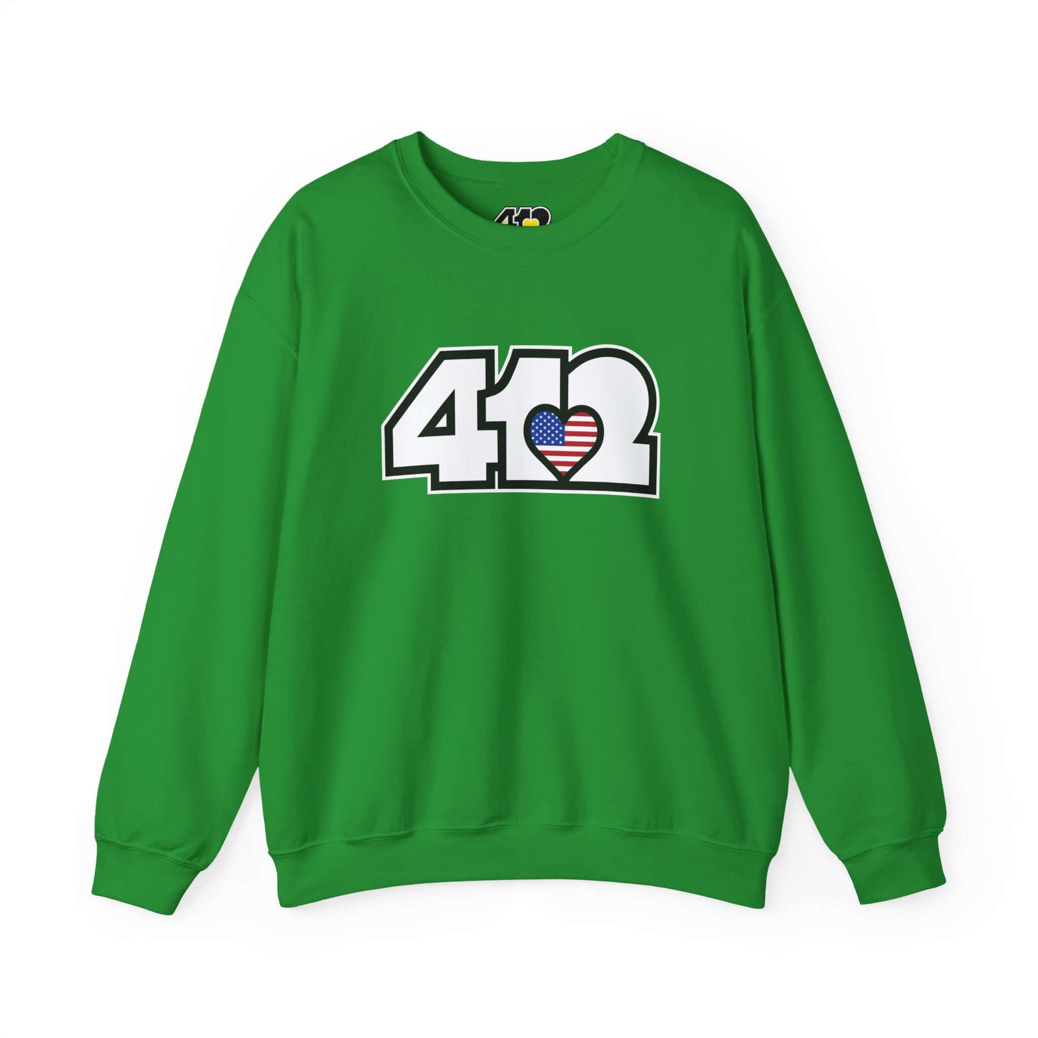 Pittsburgh Crewneck Sweatshirt | White Stars & Stripes 412 Logo. Apparel Color: Irish Green. A blend of 50% cotton and 50% polyester for cozy durability. With an Elastic ribbed collar, and Double-needle stitching.