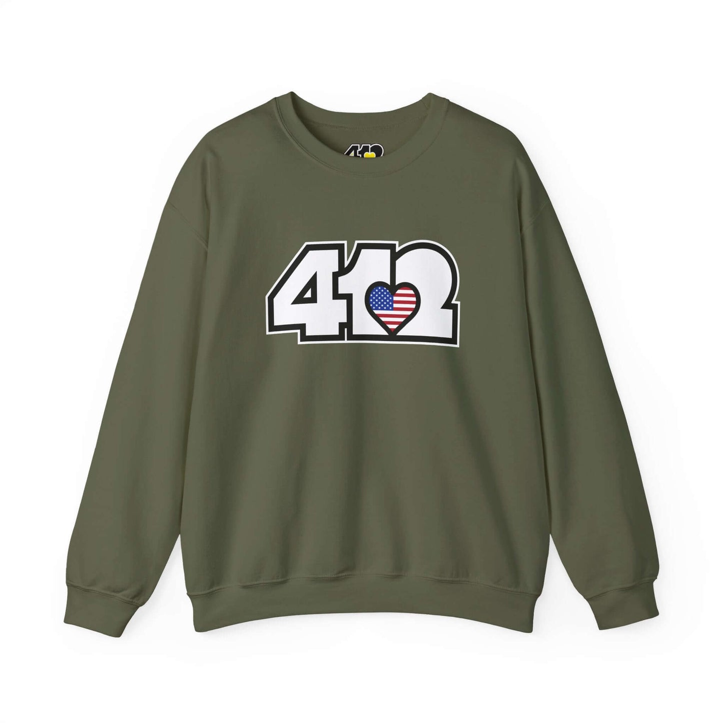 Pittsburgh Crewneck Sweatshirt | White Stars & Stripes 412 Logo. Apparel Color: Military Green. A blend of 50% cotton and 50% polyester for cozy durability. With an Elastic ribbed collar, and Double-needle stitching.