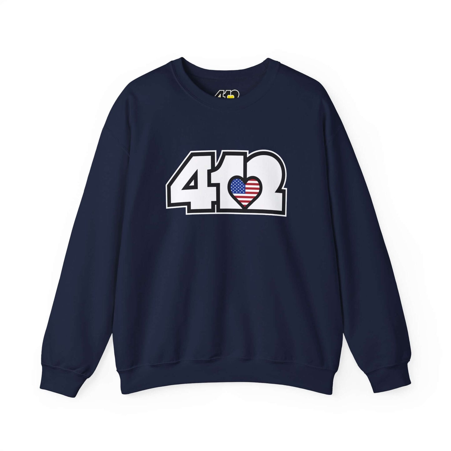 Pittsburgh Crewneck Sweatshirt | White Stars & Stripes 412 Logo. Apparel Color: Navy. A blend of 50% cotton and 50% polyester for cozy durability. With an Elastic ribbed collar, and Double-needle stitching.