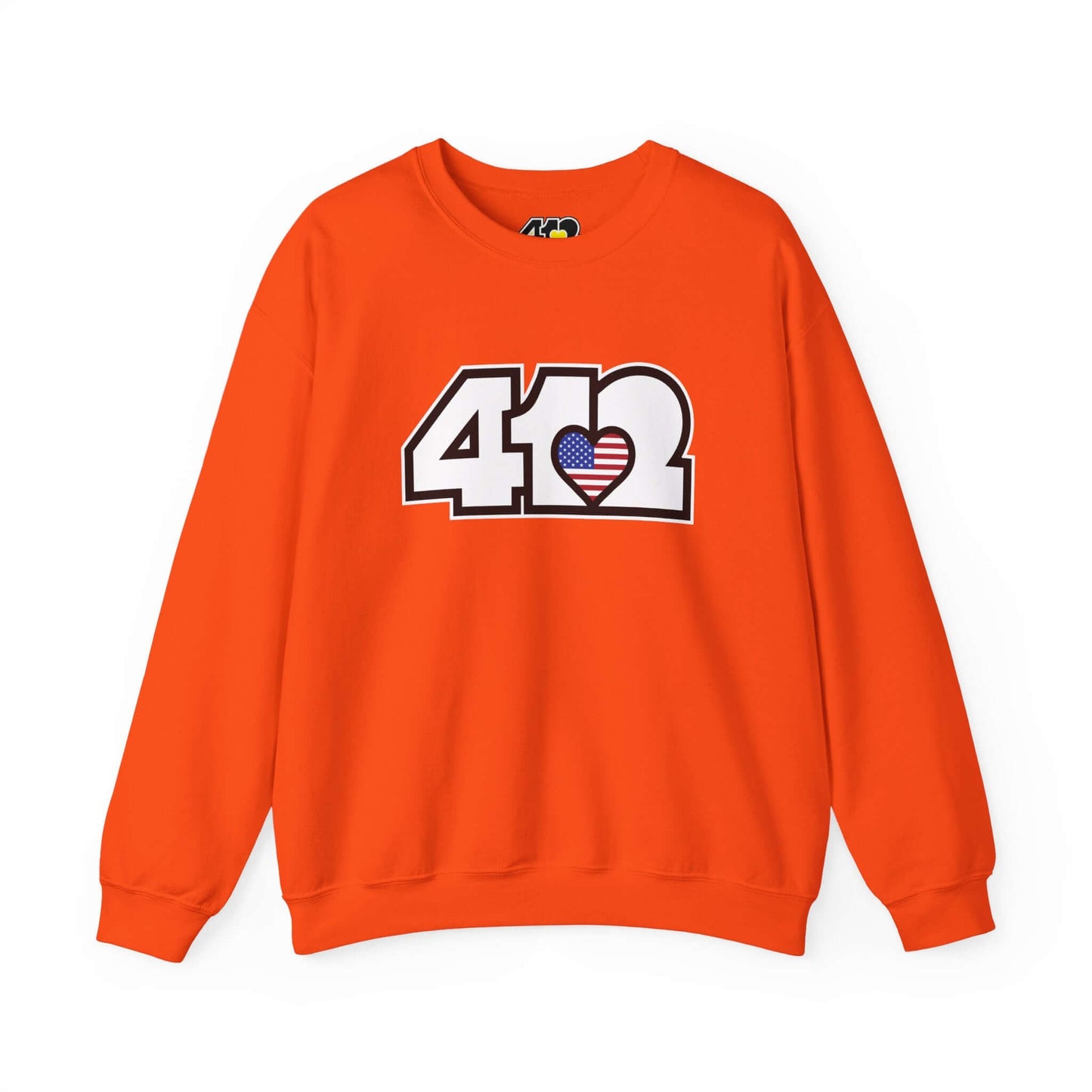 Pittsburgh Crewneck Sweatshirt | White Stars & Stripes 412 Logo. Apparel Color: Orange. A blend of 50% cotton and 50% polyester for cozy durability. With an Elastic ribbed collar, and Double-needle stitching.