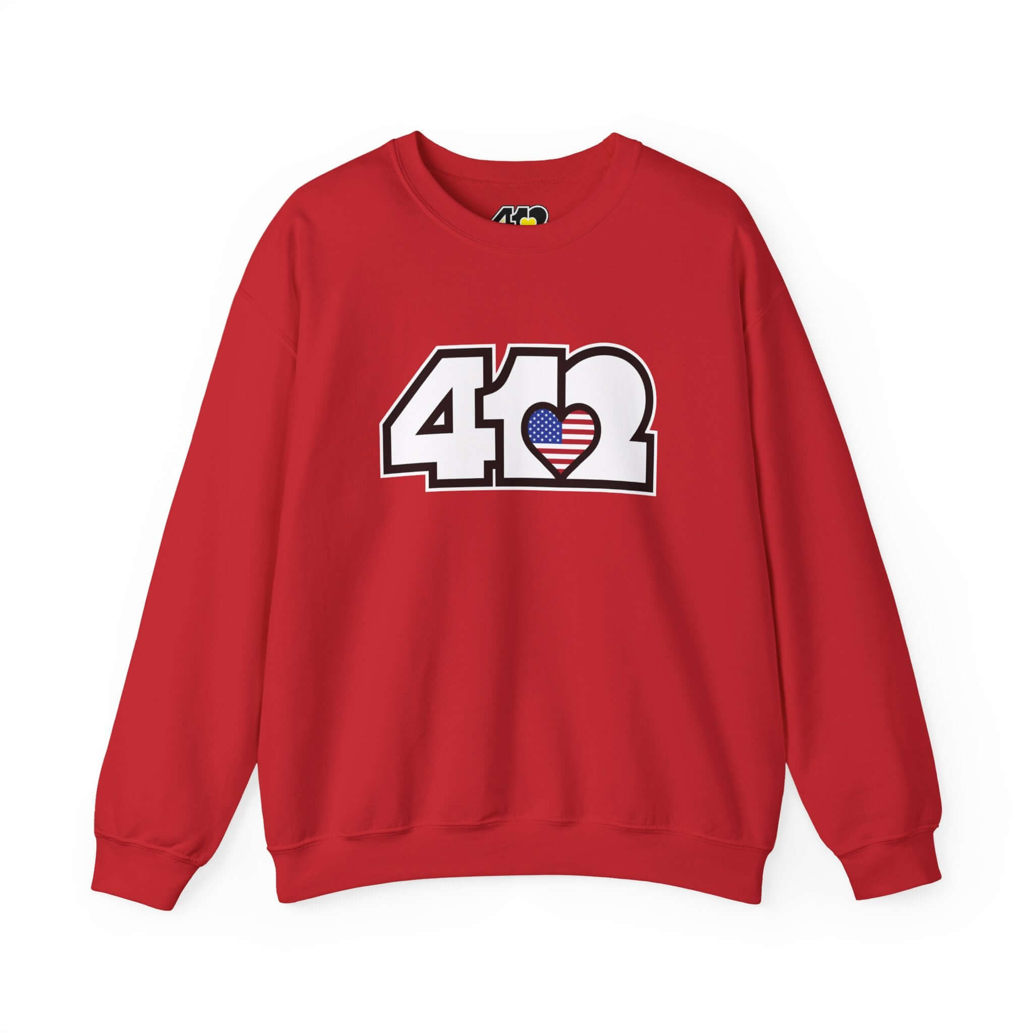 Pittsburgh Crewneck Sweatshirt | White Stars & Stripes 412 Logo. Apparel Color: Red. A blend of 50% cotton and 50% polyester for cozy durability. With an Elastic ribbed collar, and Double-needle stitching.