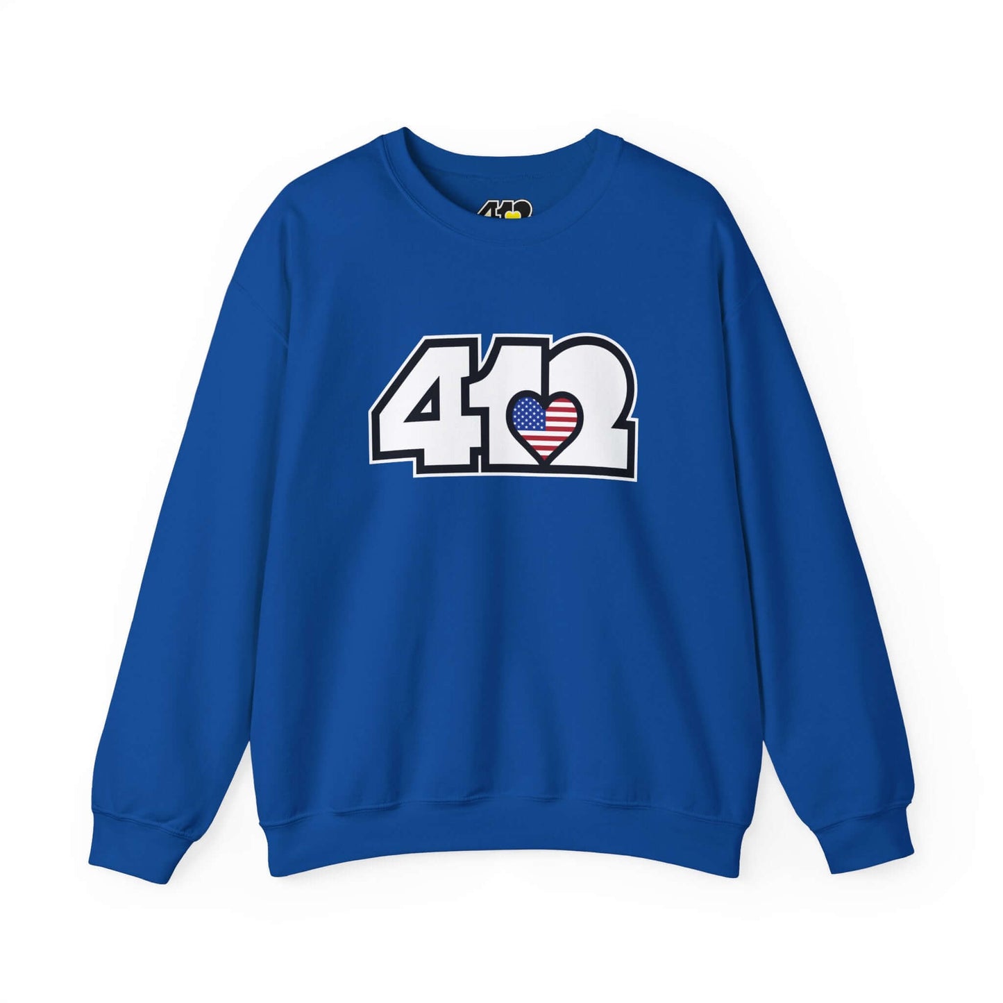 Pittsburgh Crewneck Sweatshirt | White Stars & Stripes 412 Logo. Apparel Color: Royal. A blend of 50% cotton and 50% polyester for cozy durability. With an Elastic ribbed collar, and Double-needle stitching.