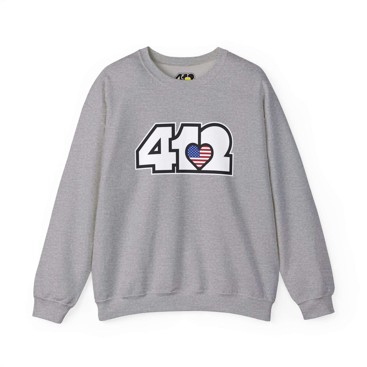 Pittsburgh Crewneck Sweatshirt | White Stars & Stripes 412 Logo. Apparel Color: Sport Grey. A blend of 50% cotton and 50% polyester for cozy durability. With an Elastic ribbed collar, and Double-needle stitching.