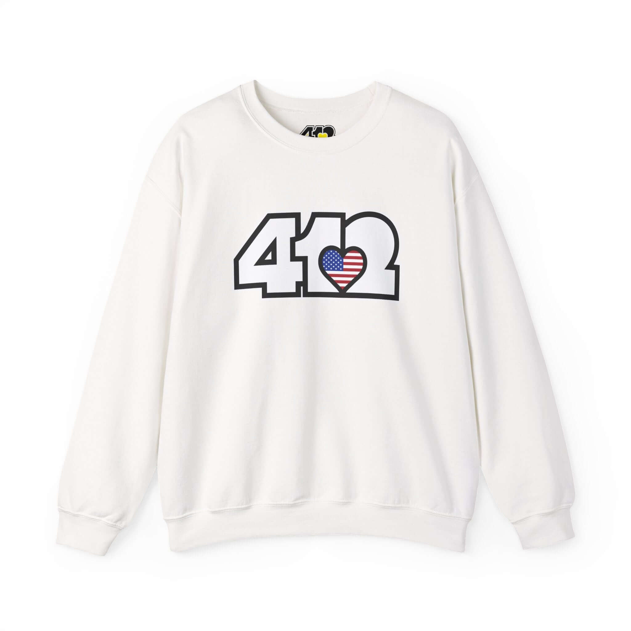 Pittsburgh Crewneck Sweatshirt | White Stars & Stripes 412 Logo. Apparel Color: White. A blend of 50% cotton and 50% polyester for cozy durability. With an Elastic ribbed collar, and Double-needle stitching.