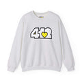Pittsburgh Crewneck Sweatshirt | White & Yellow 412 Logo. Apparel Color: Ash. A blend of 50% cotton and 50% polyester for cozy durability. With an Elastic ribbed collar, and Double-needle stitching.