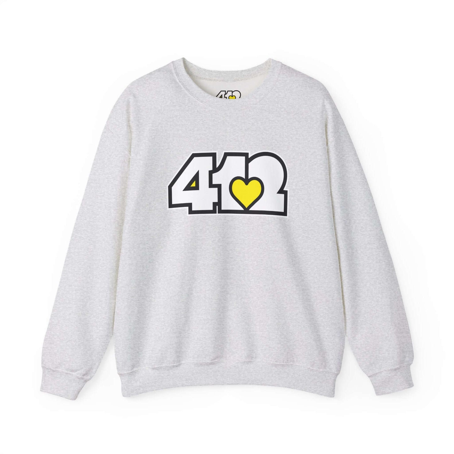 Pittsburgh Crewneck Sweatshirt | White & Yellow 412 Logo. Apparel Color: Ash. A blend of 50% cotton and 50% polyester for cozy durability. With an Elastic ribbed collar, and Double-needle stitching.