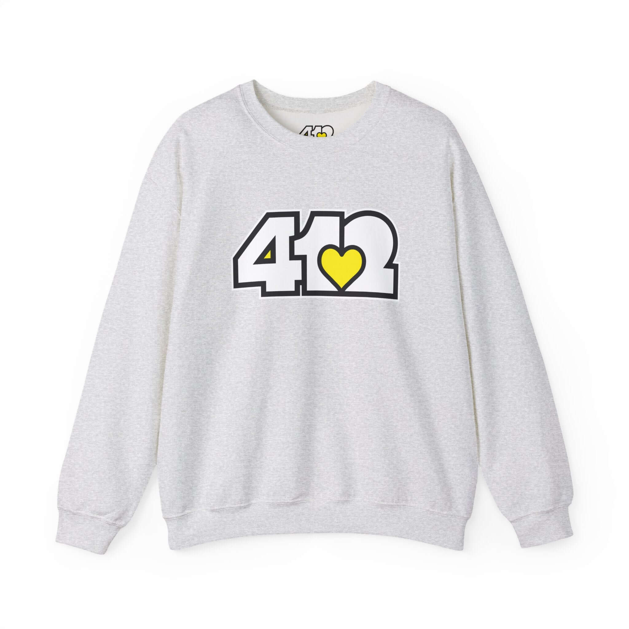 Pittsburgh Crewneck Sweatshirt | White & Yellow 412 Logo. Apparel Color: Ash. A blend of 50% cotton and 50% polyester for cozy durability. With an Elastic ribbed collar, and Double-needle stitching.
