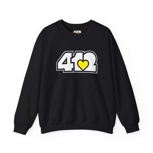 Pittsburgh Crewneck Sweatshirt | White & Yellow 412 Logo. Apparel Color: Black. A blend of 50% cotton and 50% polyester for cozy durability. With an Elastic ribbed collar, and Double-needle stitching.