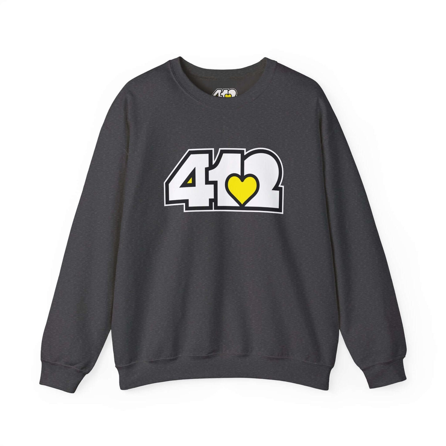 Pittsburgh Crewneck Sweatshirt | White & Yellow 412 Logo. Apparel Color: Dark Heather. A blend of 50% cotton and 50% polyester for cozy durability. With an Elastic ribbed collar, and Double-needle stitching.