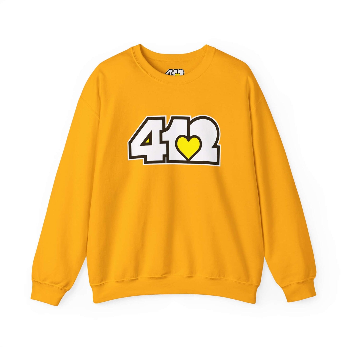 Pittsburgh Crewneck Sweatshirt | White & Yellow 412 Logo. Apparel Color: Gold. A blend of 50% cotton and 50% polyester for cozy durability. With an Elastic ribbed collar, and Double-needle stitching.