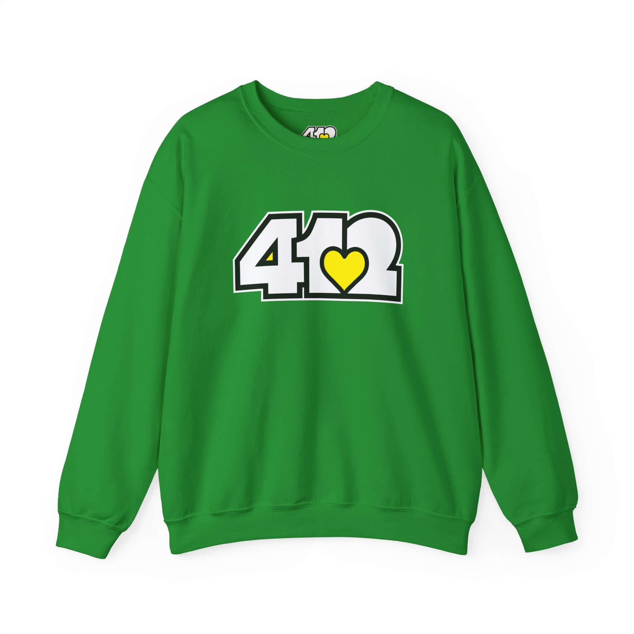 Pittsburgh Crewneck Sweatshirt | White & Yellow 412 Logo. Apparel Color: Irish Green. A blend of 50% cotton and 50% polyester for cozy durability. With an Elastic ribbed collar, and Double-needle stitching.