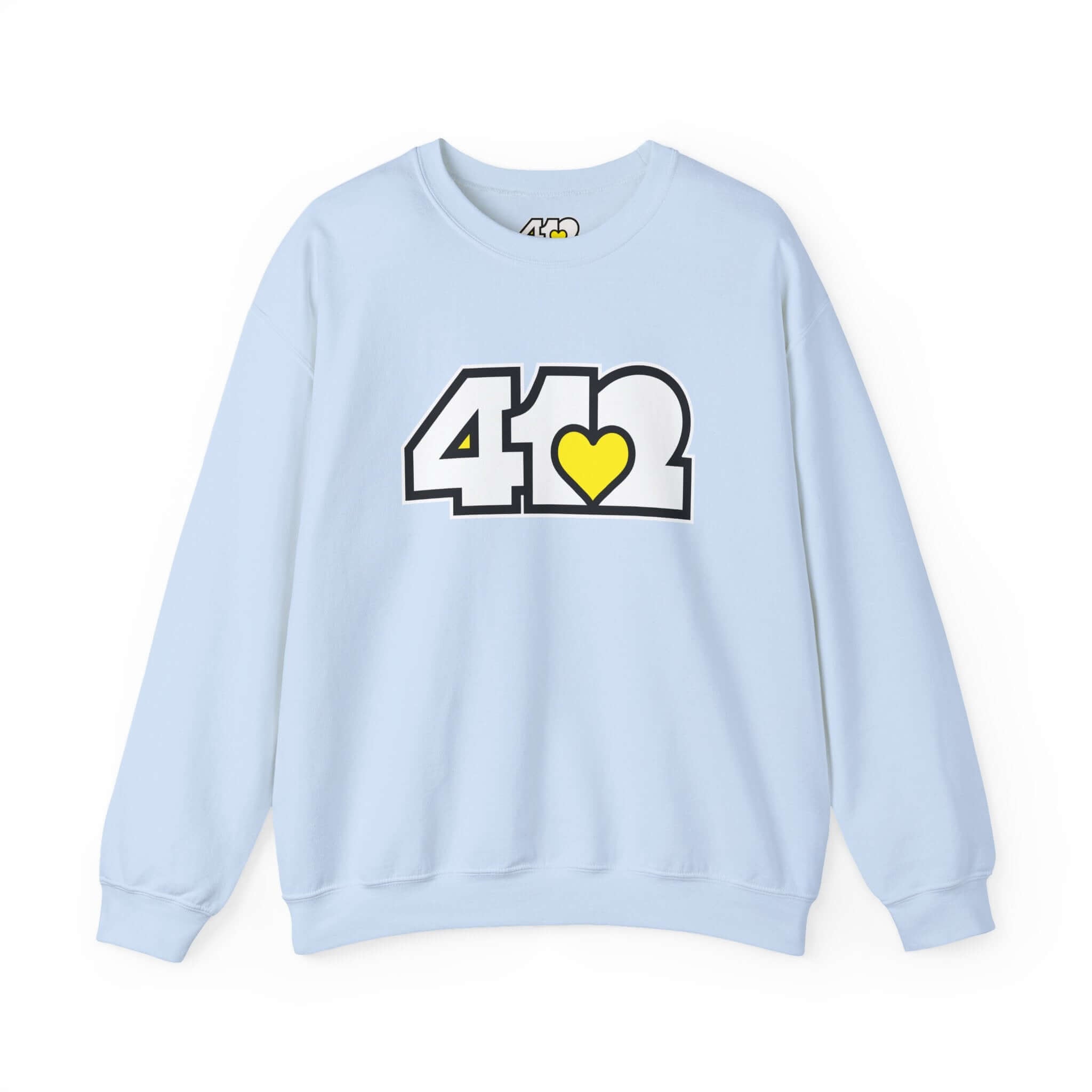 Pittsburgh Crewneck Sweatshirt | White & Yellow 412 Logo. Apparel Color: Light Blue. A blend of 50% cotton and 50% polyester for cozy durability. With an Elastic ribbed collar, and Double-needle stitching.