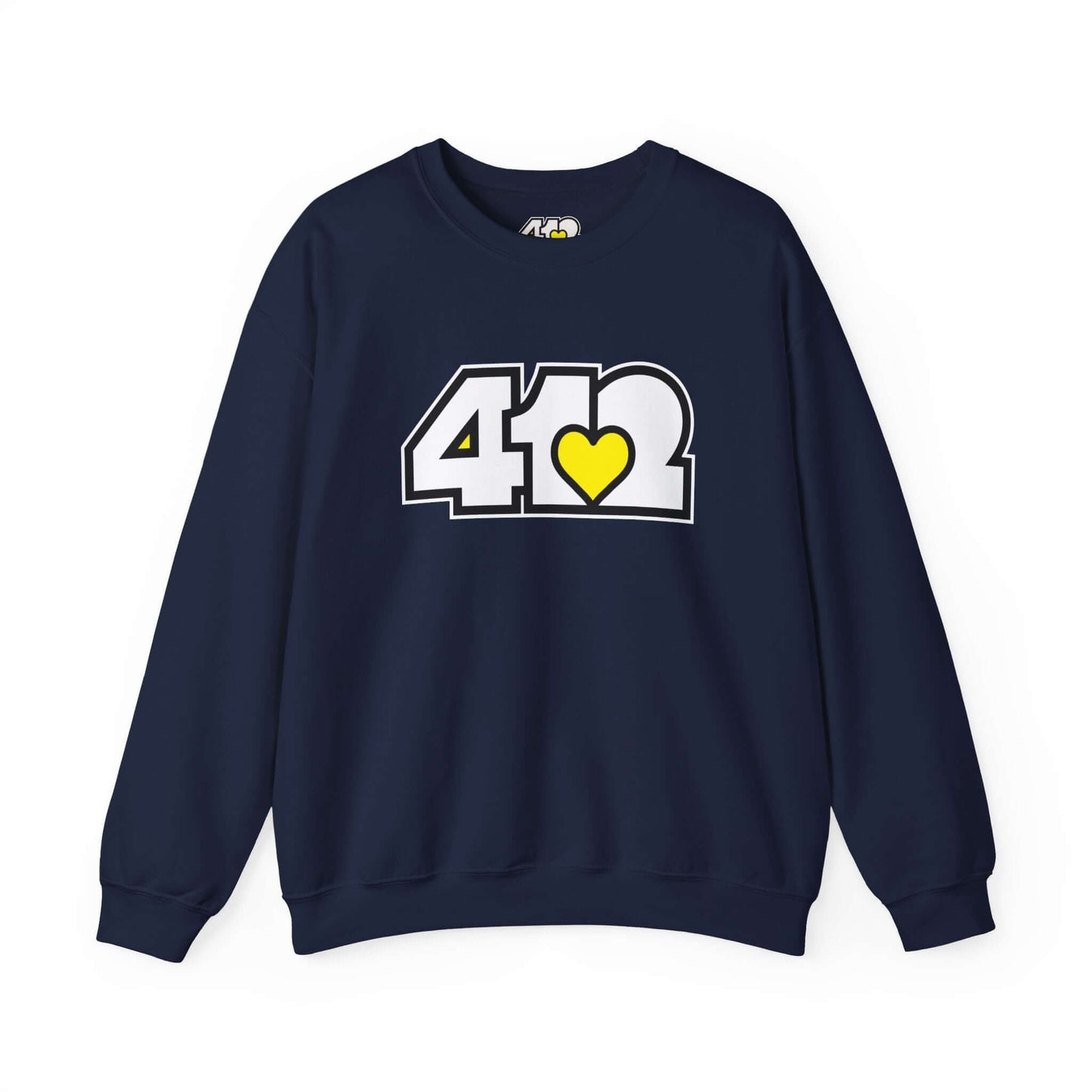 Pittsburgh Crewneck Sweatshirt | White & Yellow 412 Logo. Apparel Color: Navy. A blend of 50% cotton and 50% polyester for cozy durability. With an Elastic ribbed collar, and Double-needle stitching.