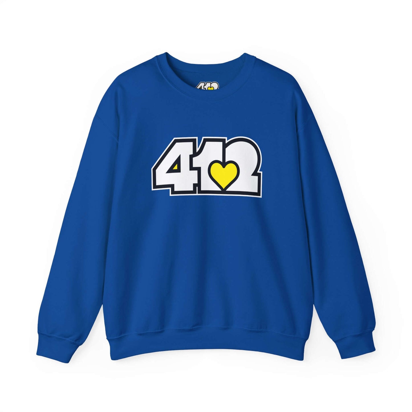 Pittsburgh Crewneck Sweatshirt | White & Yellow 412 Logo. Apparel Color: Royal. A blend of 50% cotton and 50% polyester for cozy durability. With an Elastic ribbed collar, and Double-needle stitching.
