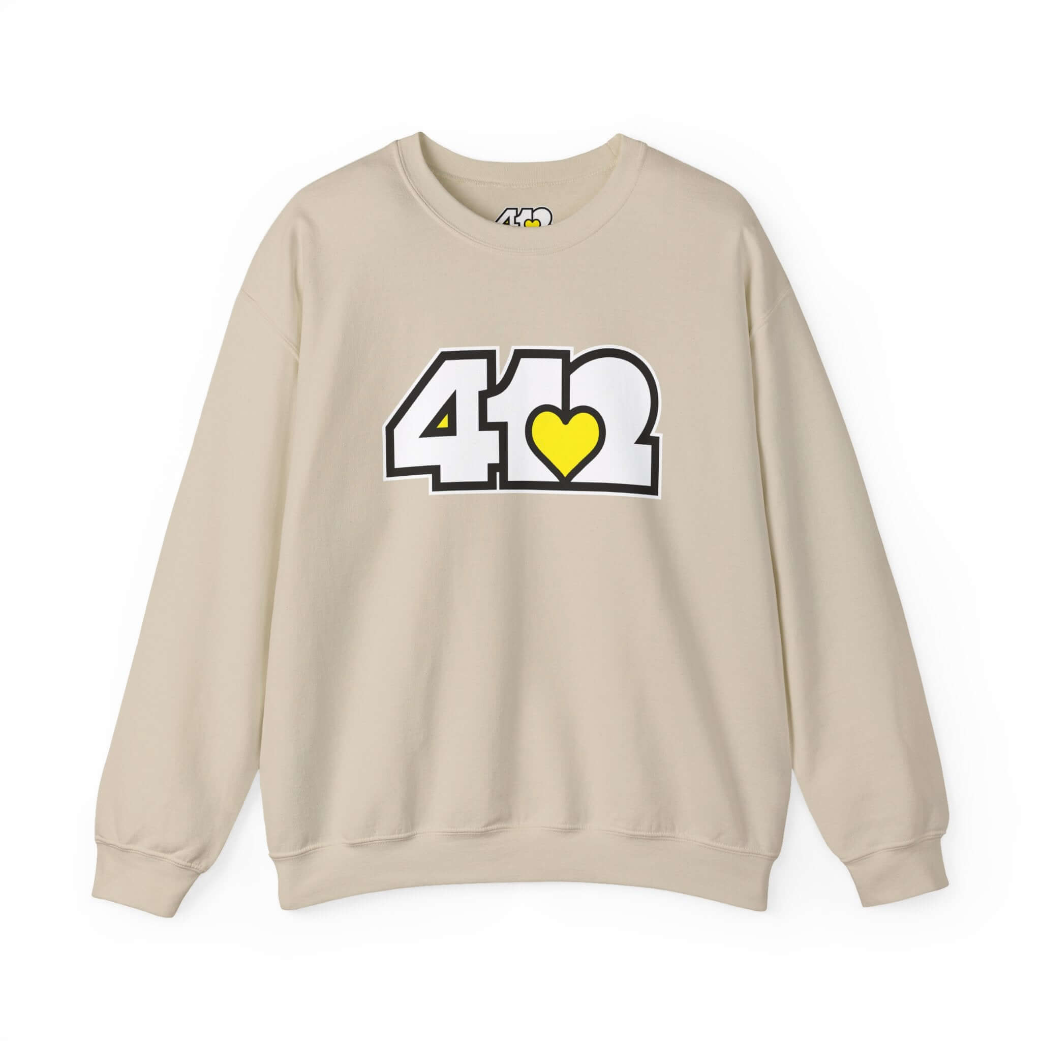 Pittsburgh Crewneck Sweatshirt | White & Yellow 412 Logo. Apparel Color: Sand. A blend of 50% cotton and 50% polyester for cozy durability. With an Elastic ribbed collar, and Double-needle stitching.