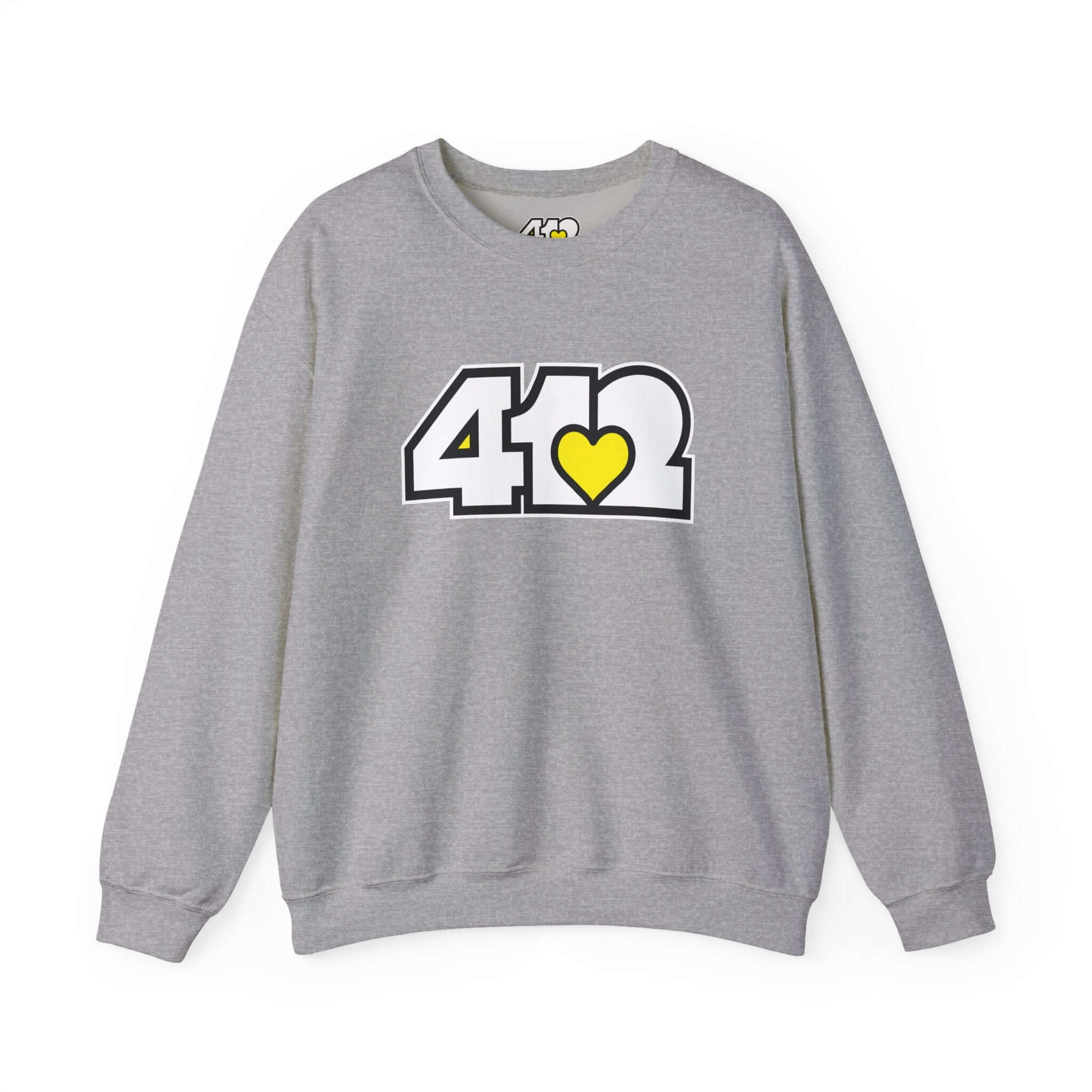 Pittsburgh Crewneck Sweatshirt | White & Yellow 412 Logo. Apparel Color: Sport Grey. A blend of 50% cotton and 50% polyester for cozy durability. With an Elastic ribbed collar, and Double-needle stitching.
