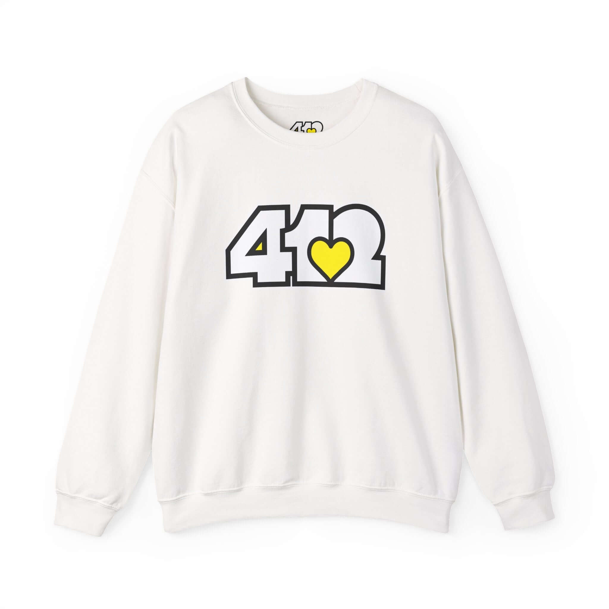 Pittsburgh Crewneck Sweatshirt | White & Yellow 412 Logo. Apparel Color: White. A blend of 50% cotton and 50% polyester for cozy durability. With an Elastic ribbed collar, and Double-needle stitching.