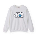 Pittsburgh Crewneck Sweatshirt | White and Blue 412 Logo. Apparel Color: Ash. A blend of 50% cotton and 50% polyester for cozy durability. With an Elastic ribbed collar, and Double-needle stitching.