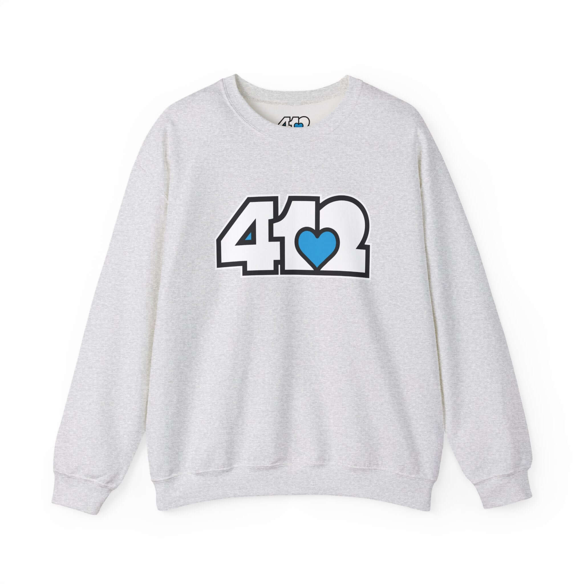 Pittsburgh Crewneck Sweatshirt | White and Blue 412 Logo. Apparel Color: Ash. A blend of 50% cotton and 50% polyester for cozy durability. With an Elastic ribbed collar, and Double-needle stitching.