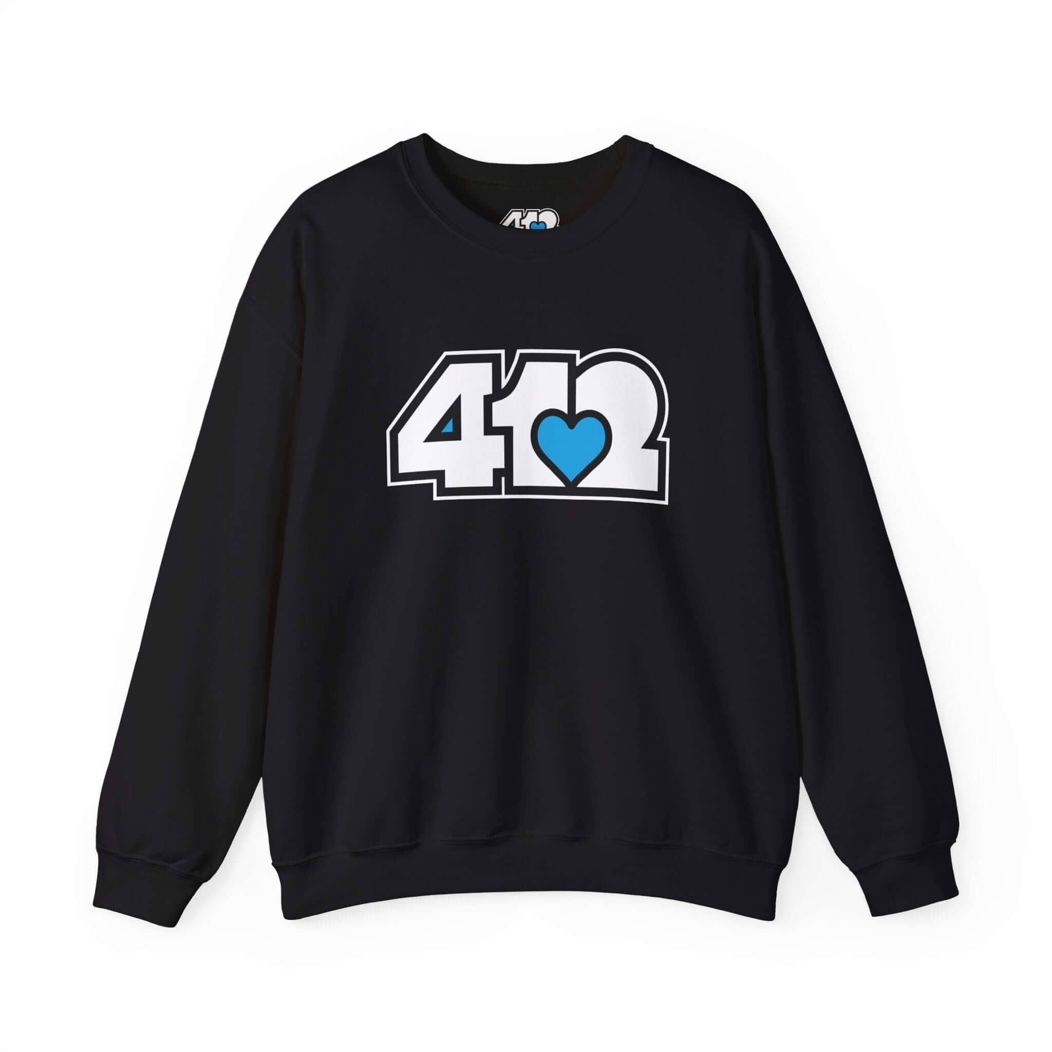 Pittsburgh Crewneck Sweatshirt | White and Blue 412 Logo. Apparel Color: Black. A blend of 50% cotton and 50% polyester for cozy durability. With an Elastic ribbed collar, and Double-needle stitching.