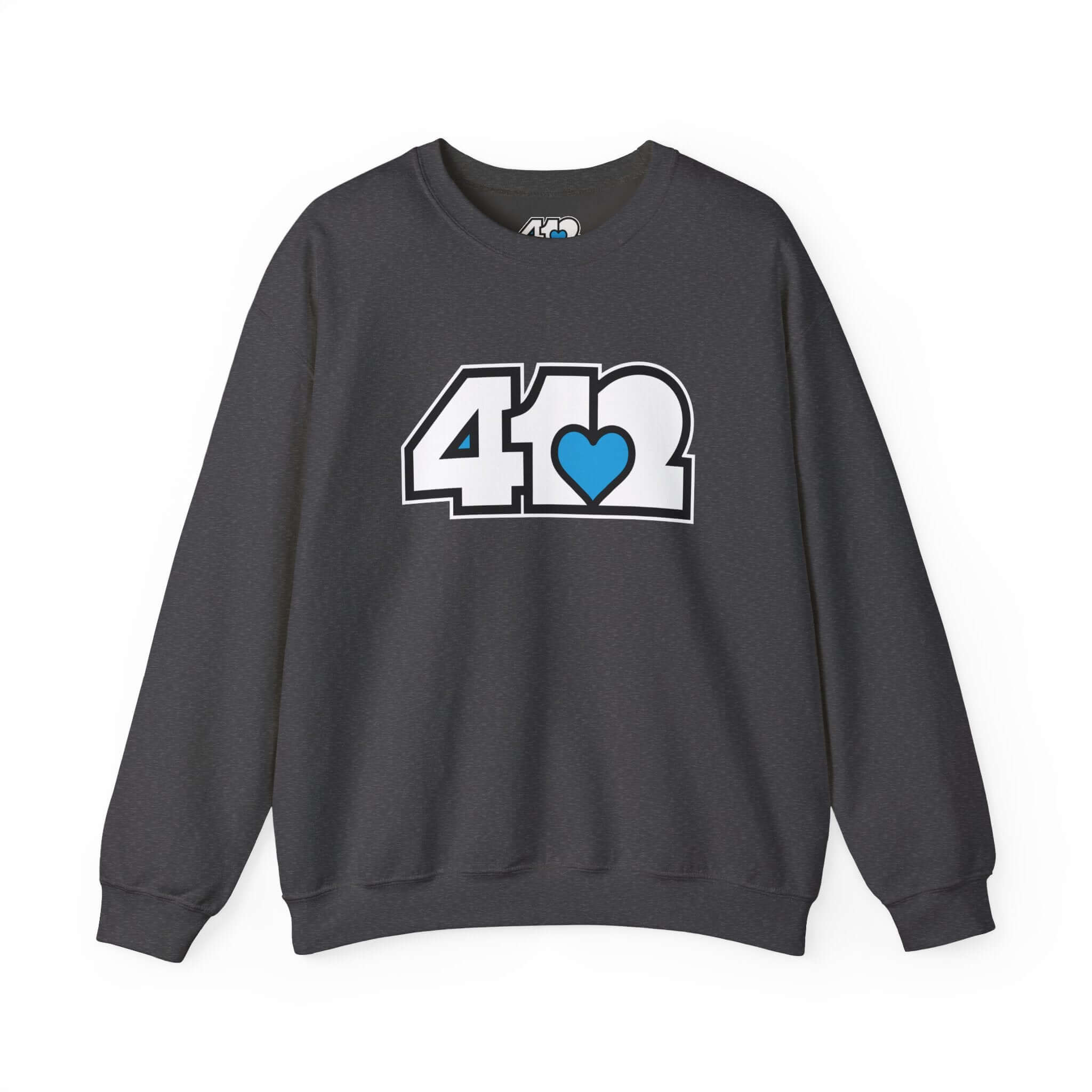 Pittsburgh Crewneck Sweatshirt | White and Blue 412 Logo. Apparel Color: Dark Heather. A blend of 50% cotton and 50% polyester for cozy durability. With an Elastic ribbed collar, and Double-needle stitching.