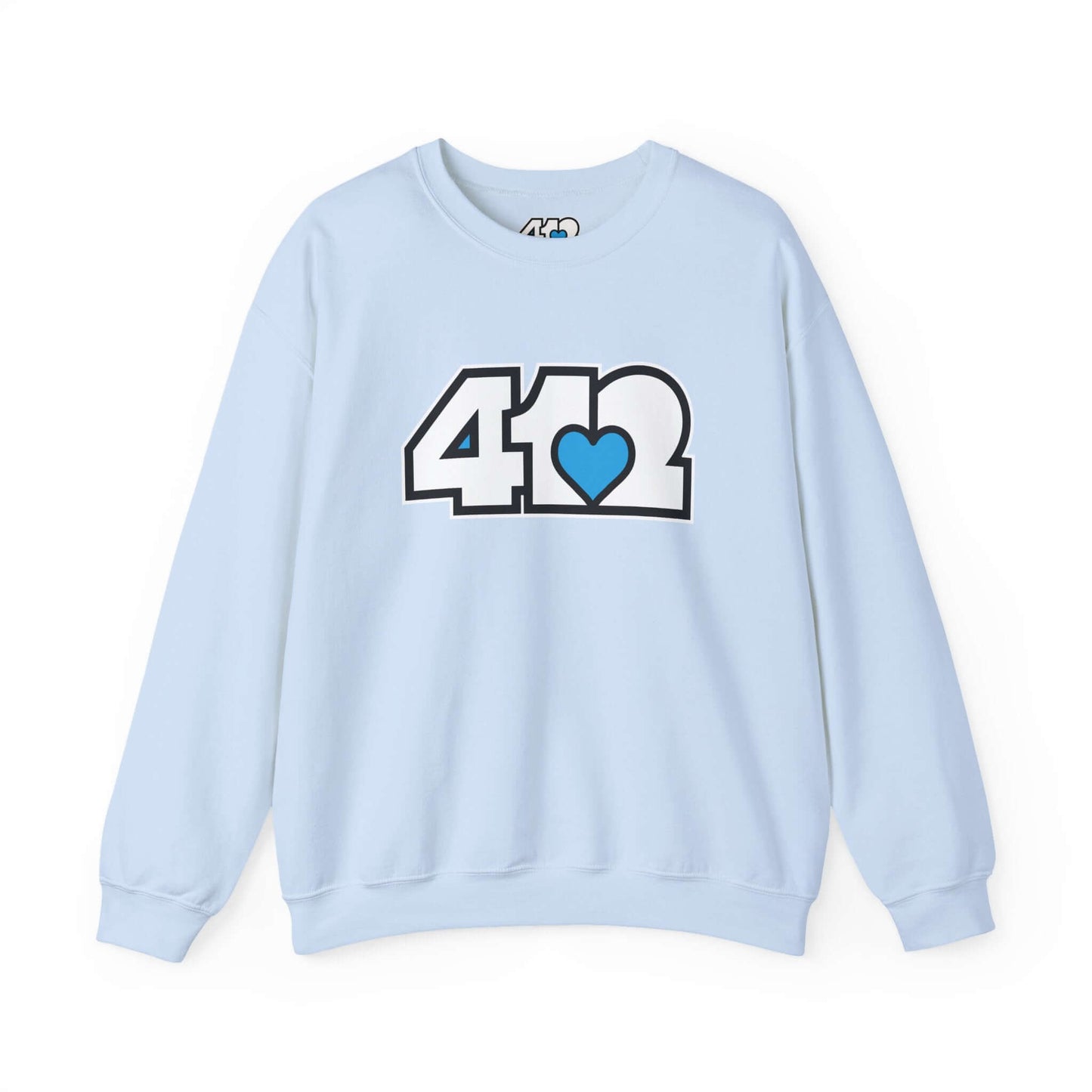 Pittsburgh Crewneck Sweatshirt | White and Blue 412 Logo. Apparel Color: Light Blue. A blend of 50% cotton and 50% polyester for cozy durability. With an Elastic ribbed collar, and Double-needle stitching.