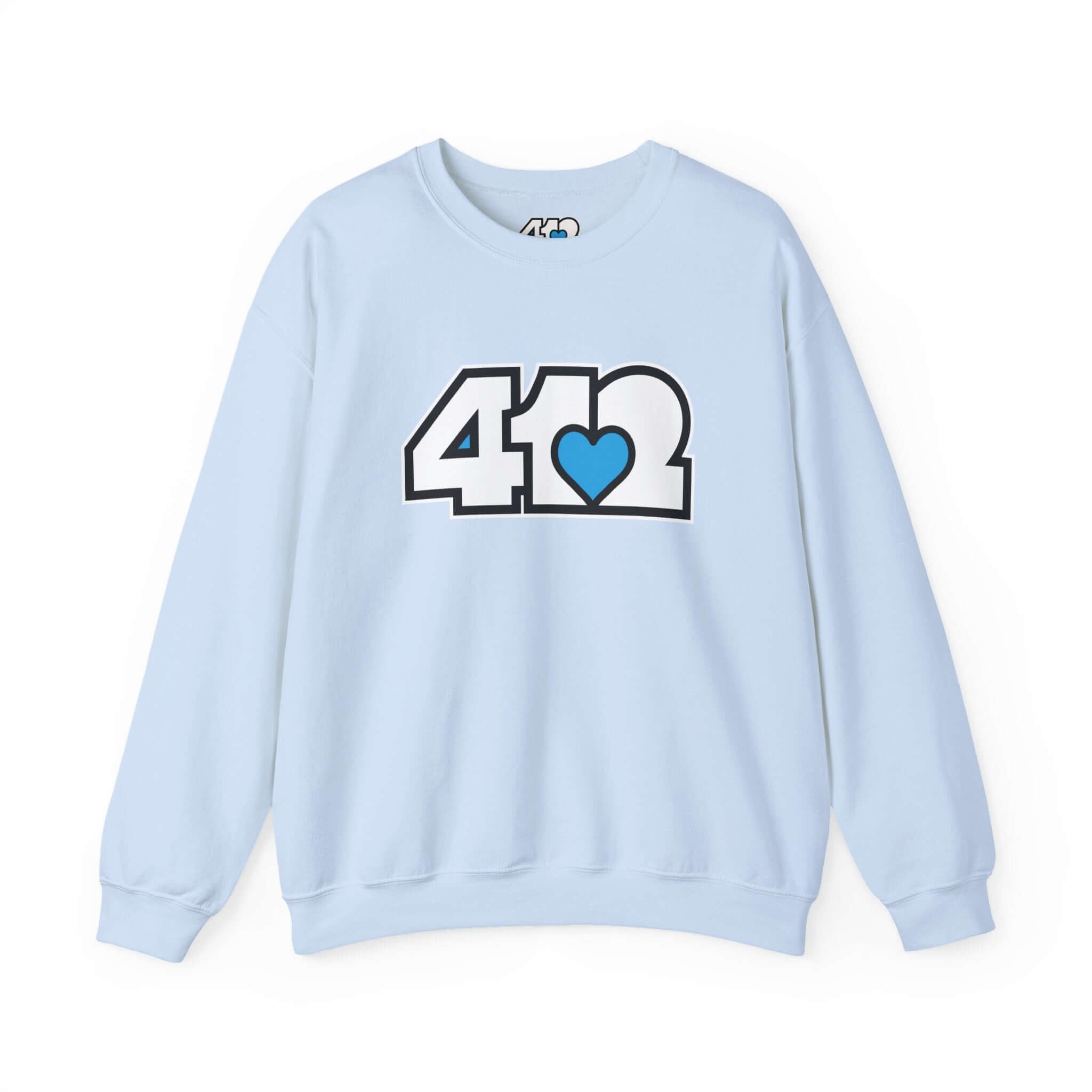 Pittsburgh Crewneck Sweatshirt | White and Blue 412 Logo. Apparel Color: Light Blue. A blend of 50% cotton and 50% polyester for cozy durability. With an Elastic ribbed collar, and Double-needle stitching.