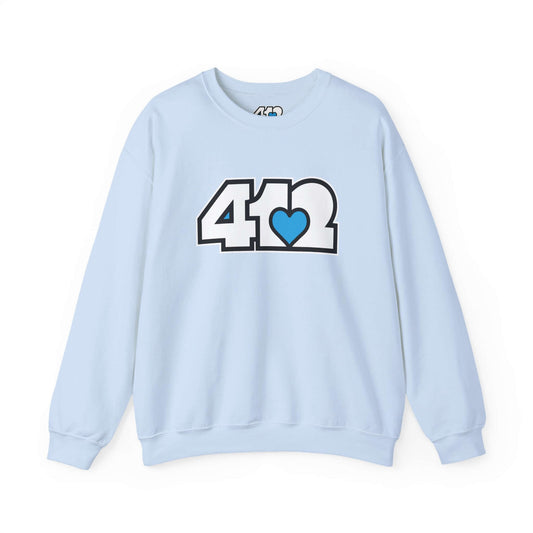 Pittsburgh Crewneck Sweatshirt | White and Blue 412 Logo. Apparel Color: Light Blue. A blend of 50% cotton and 50% polyester for cozy durability. With an Elastic ribbed collar, and Double-needle stitching.