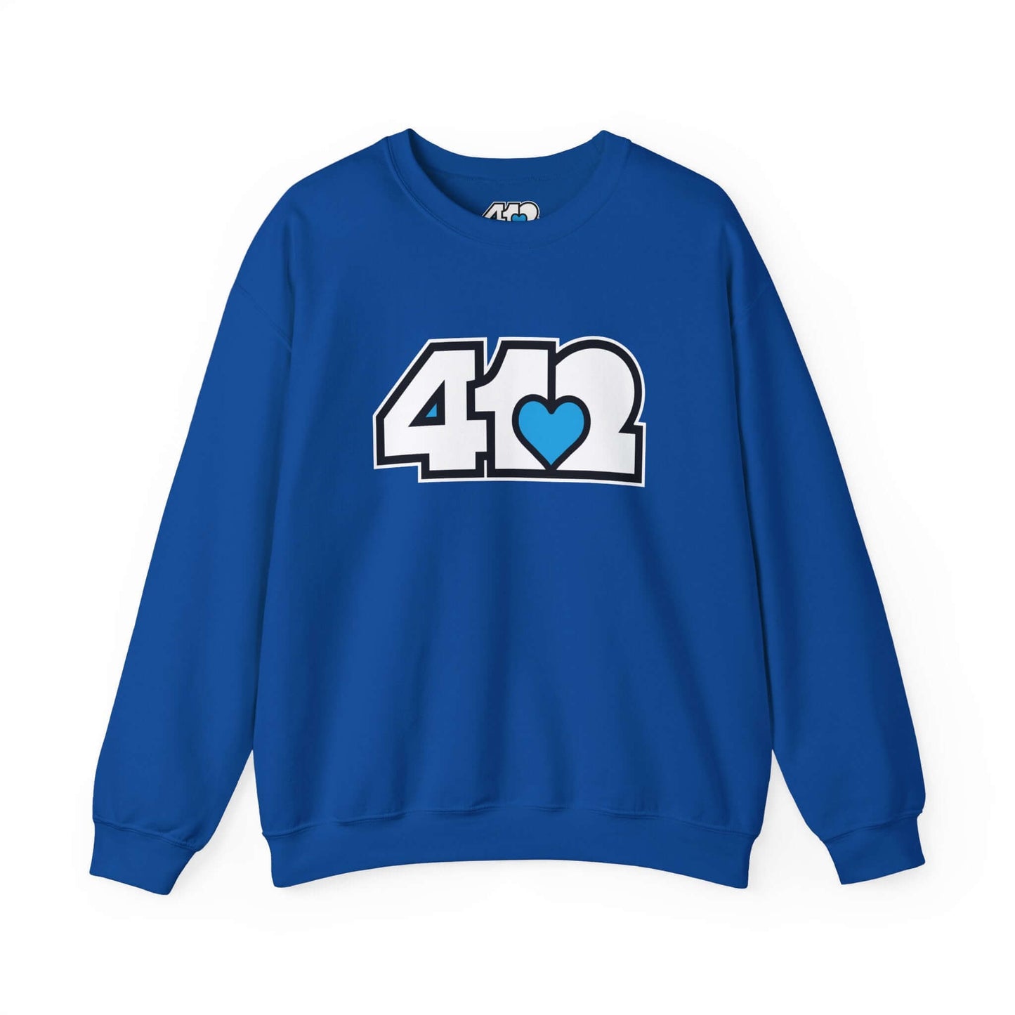 Pittsburgh Crewneck Sweatshirt | White and Blue 412 Logo. Apparel Color: Royal. A blend of 50% cotton and 50% polyester for cozy durability. With an Elastic ribbed collar, and Double-needle stitching.
