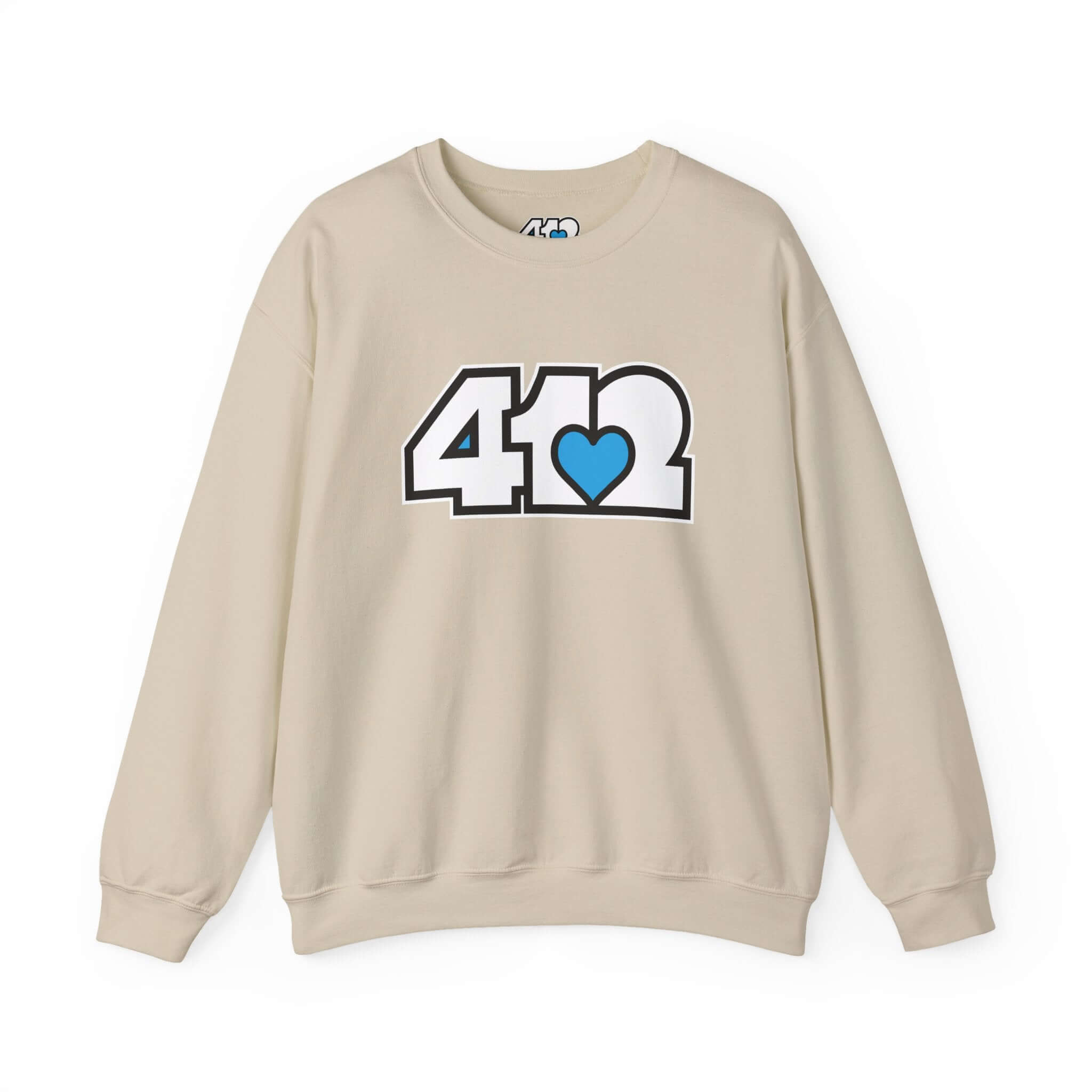 Pittsburgh Crewneck Sweatshirt | White and Blue 412 Logo. Apparel Color: Sand. A blend of 50% cotton and 50% polyester for cozy durability. With an Elastic ribbed collar, and Double-needle stitching.