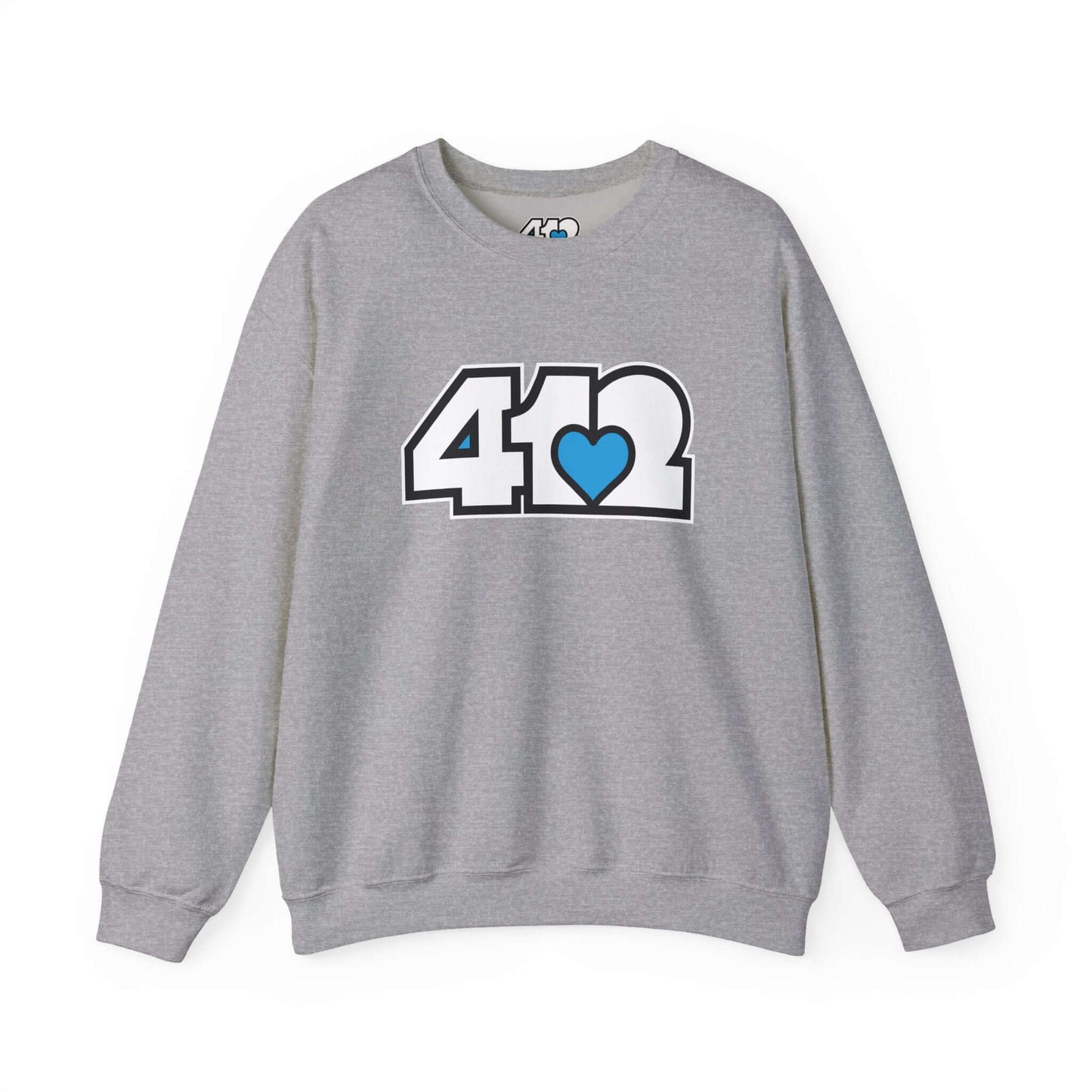 Pittsburgh Crewneck Sweatshirt | White and Blue 412 Logo. Apparel Color: Sport Grey. A blend of 50% cotton and 50% polyester for cozy durability. With an Elastic ribbed collar, and Double-needle stitching.