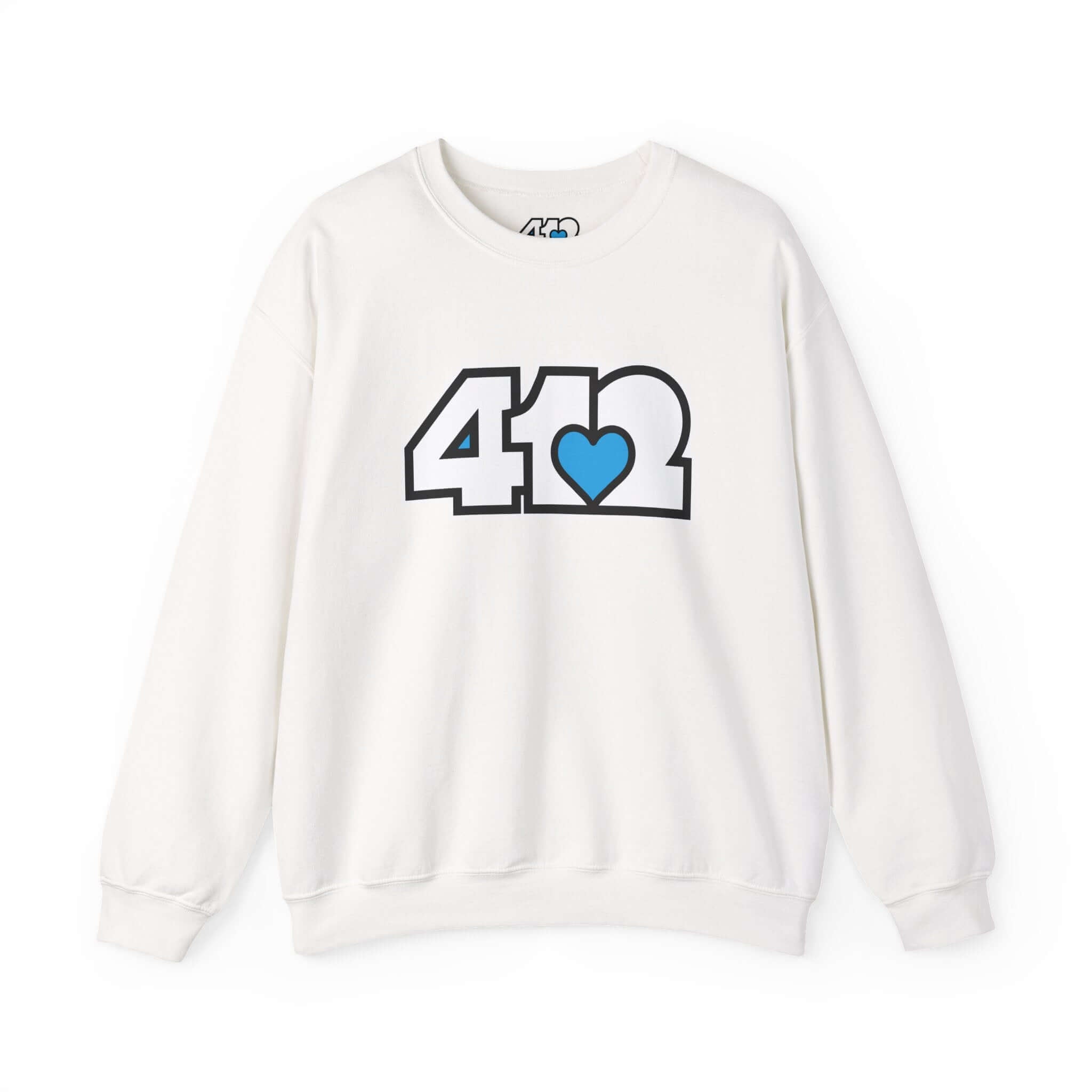 Pittsburgh Crewneck Sweatshirt | White and Blue 412 Logo. Apparel Color: White. A blend of 50% cotton and 50% polyester for cozy durability. With an Elastic ribbed collar, and Double-needle stitching.