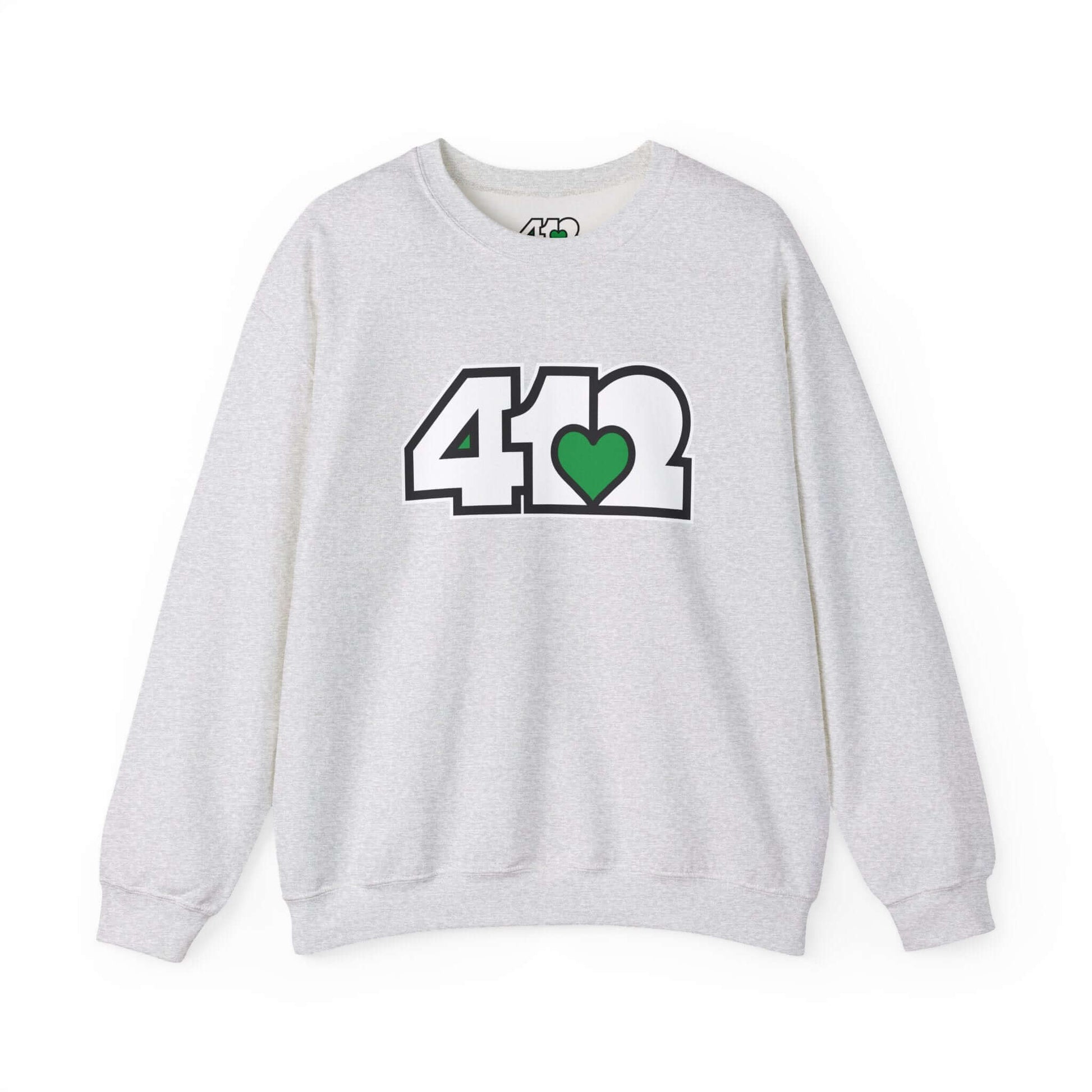 Pittsburgh Crewneck Sweatshirt | White and Green 412 Logo. Apparel Color: Ash. A blend of 50% cotton and 50% polyester for cozy durability. With an Elastic ribbed collar, and Double-needle stitching.