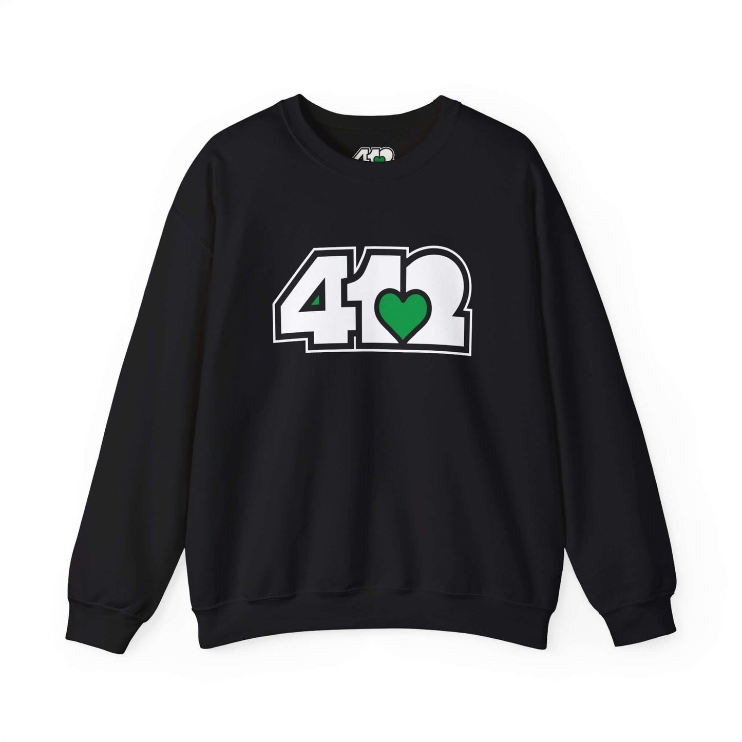 Pittsburgh Crewneck Sweatshirt | White and Green 412 Logo. Apparel Color: Black. A blend of 50% cotton and 50% polyester for cozy durability. With an Elastic ribbed collar, and Double-needle stitching.