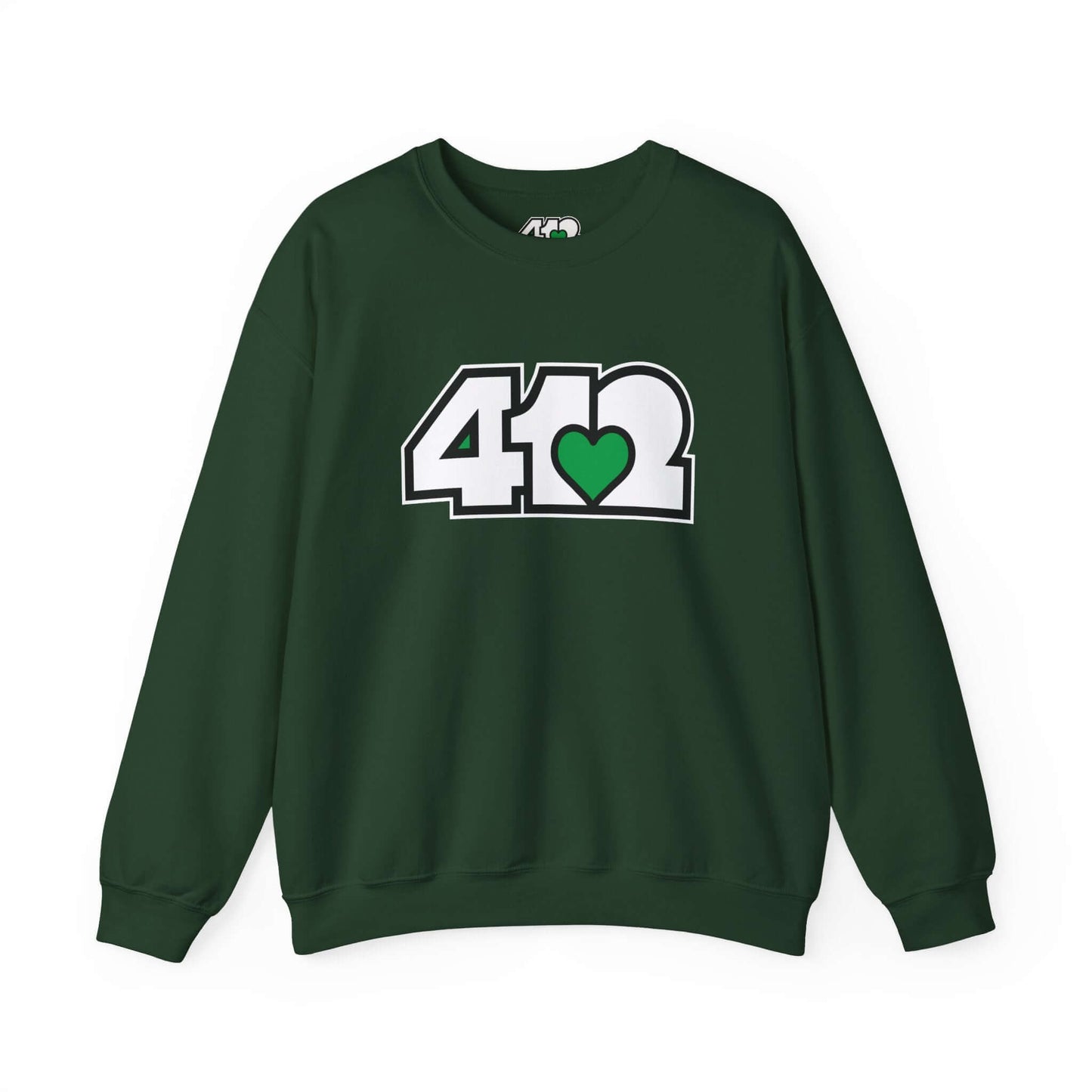 Pittsburgh Crewneck Sweatshirt | White and Green 412 Logo. Apparel Color: Forest Green. A blend of 50% cotton and 50% polyester for cozy durability. With an Elastic ribbed collar, and Double-needle stitching.